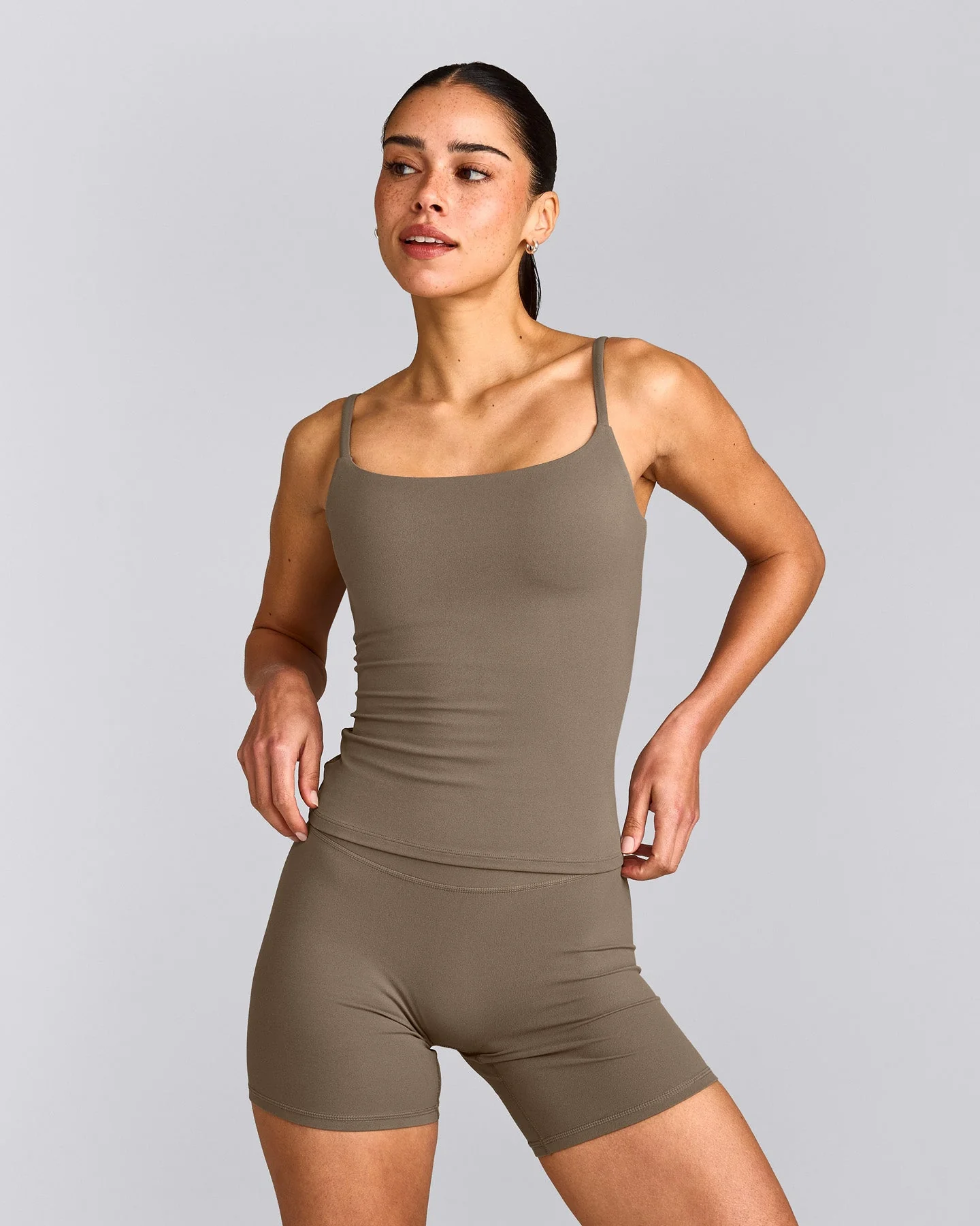 SoftMotion™ Strappy Vest with Built in Bra Shelf with Grey Logo | Moss Brown