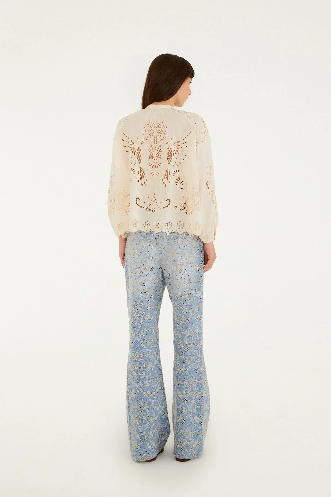 Denim Eyelet Pockets Flare Pants
