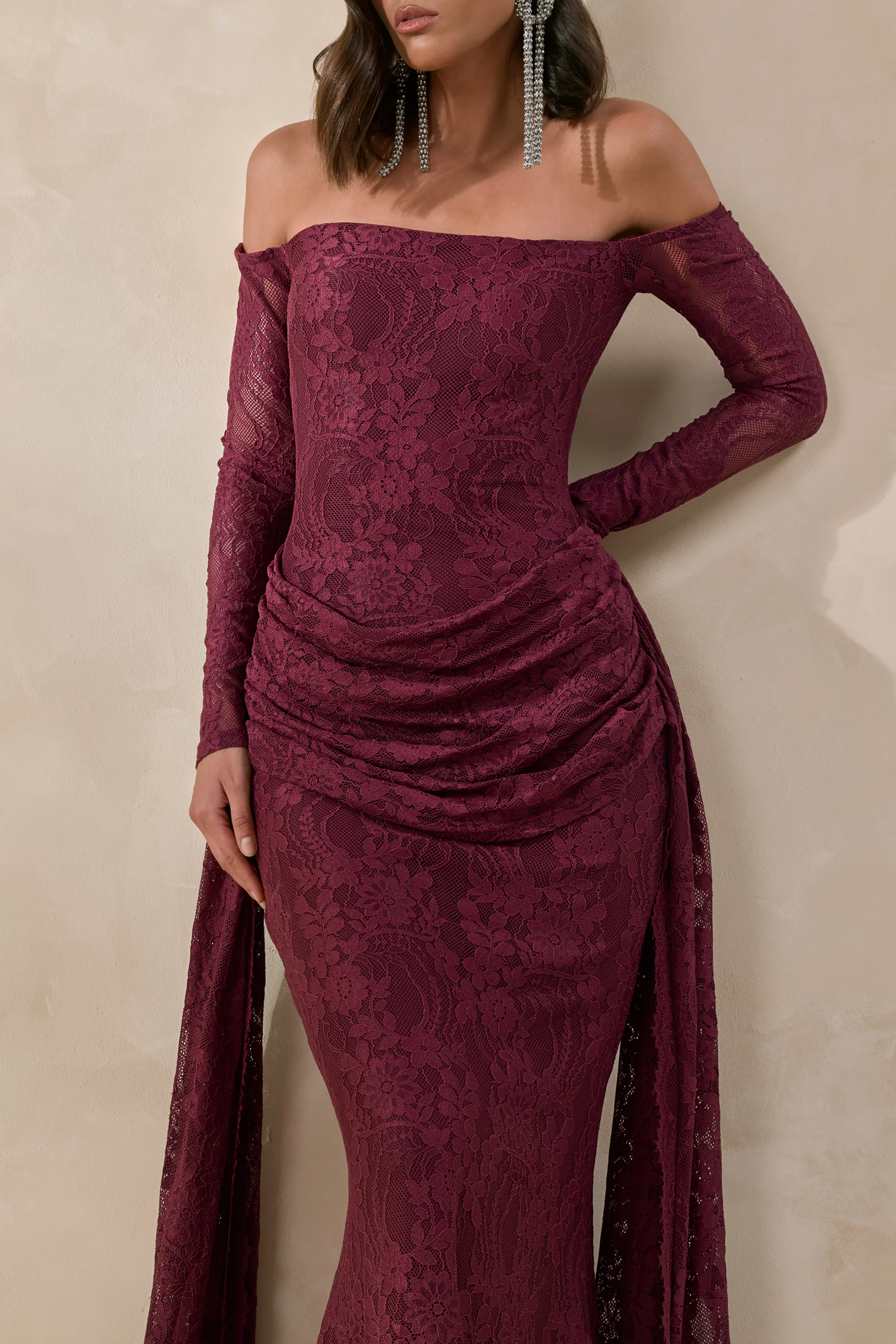 Parisse | Burgundy Lace Bardot Ruched Long Sleeve Maxi Dress With Draped Detailing