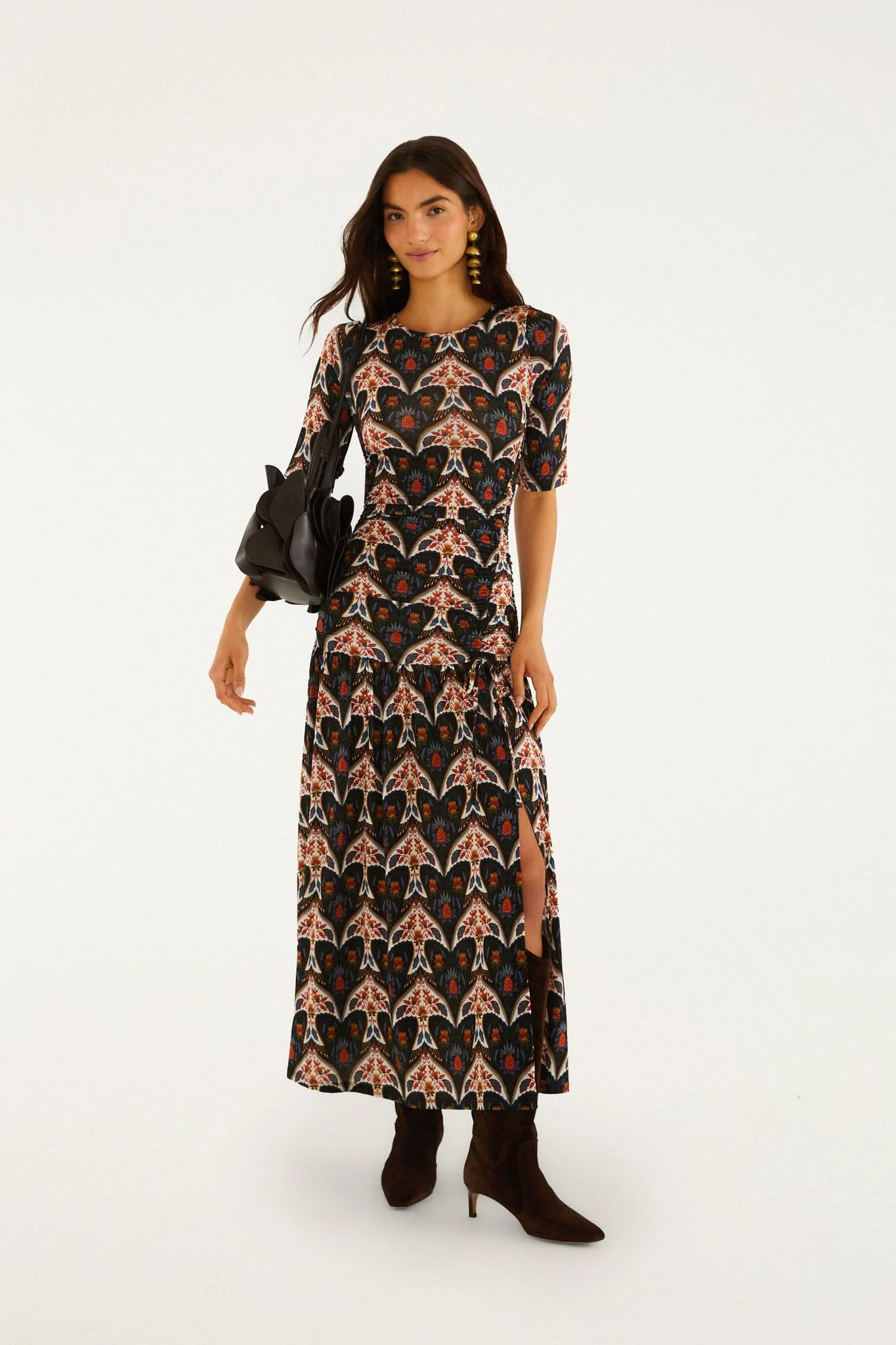 Black Porcelain Birds Long Sleeve Slim Maxi Dress