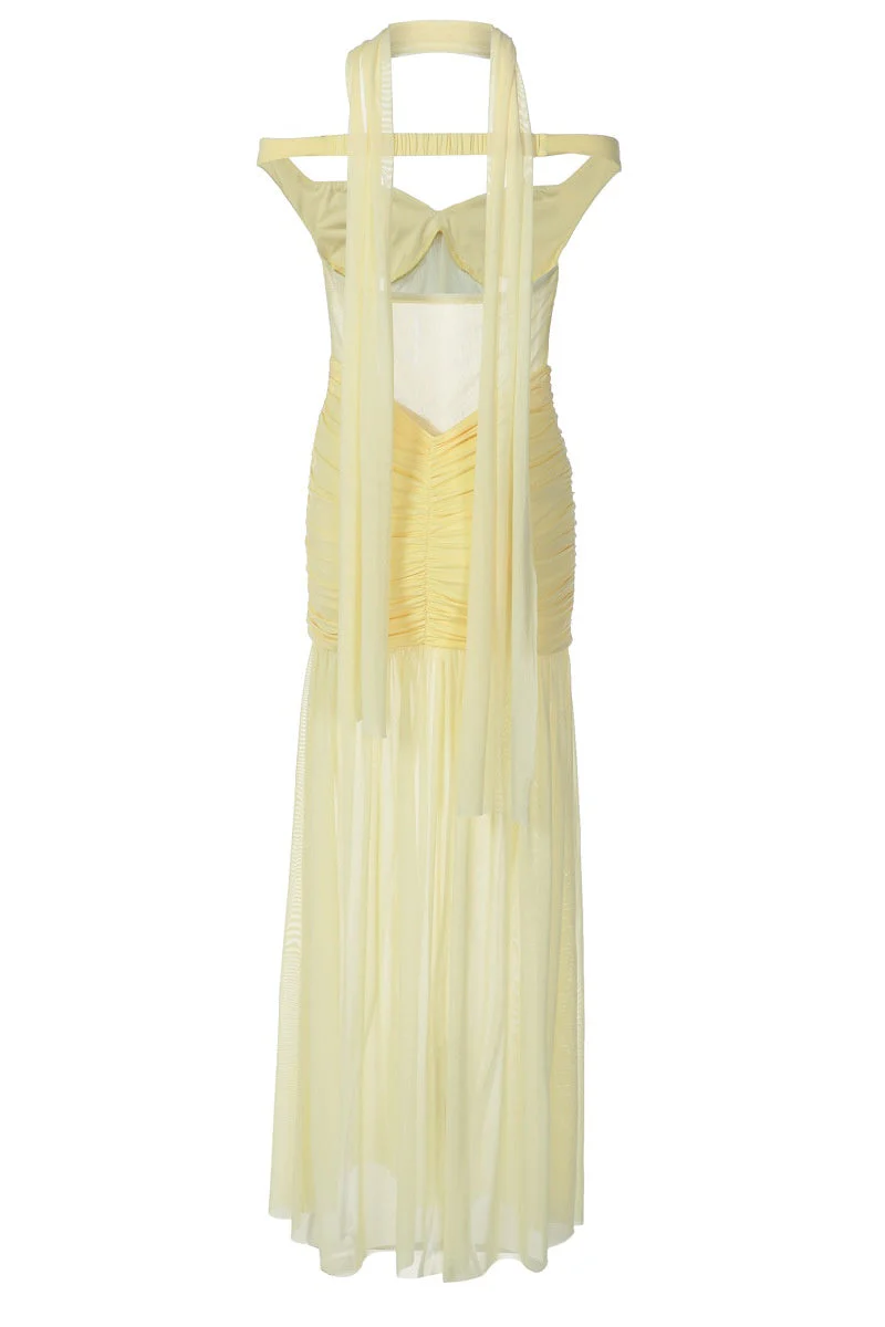 Off the Shoulder Yellow Sheer Mesh Long Dress