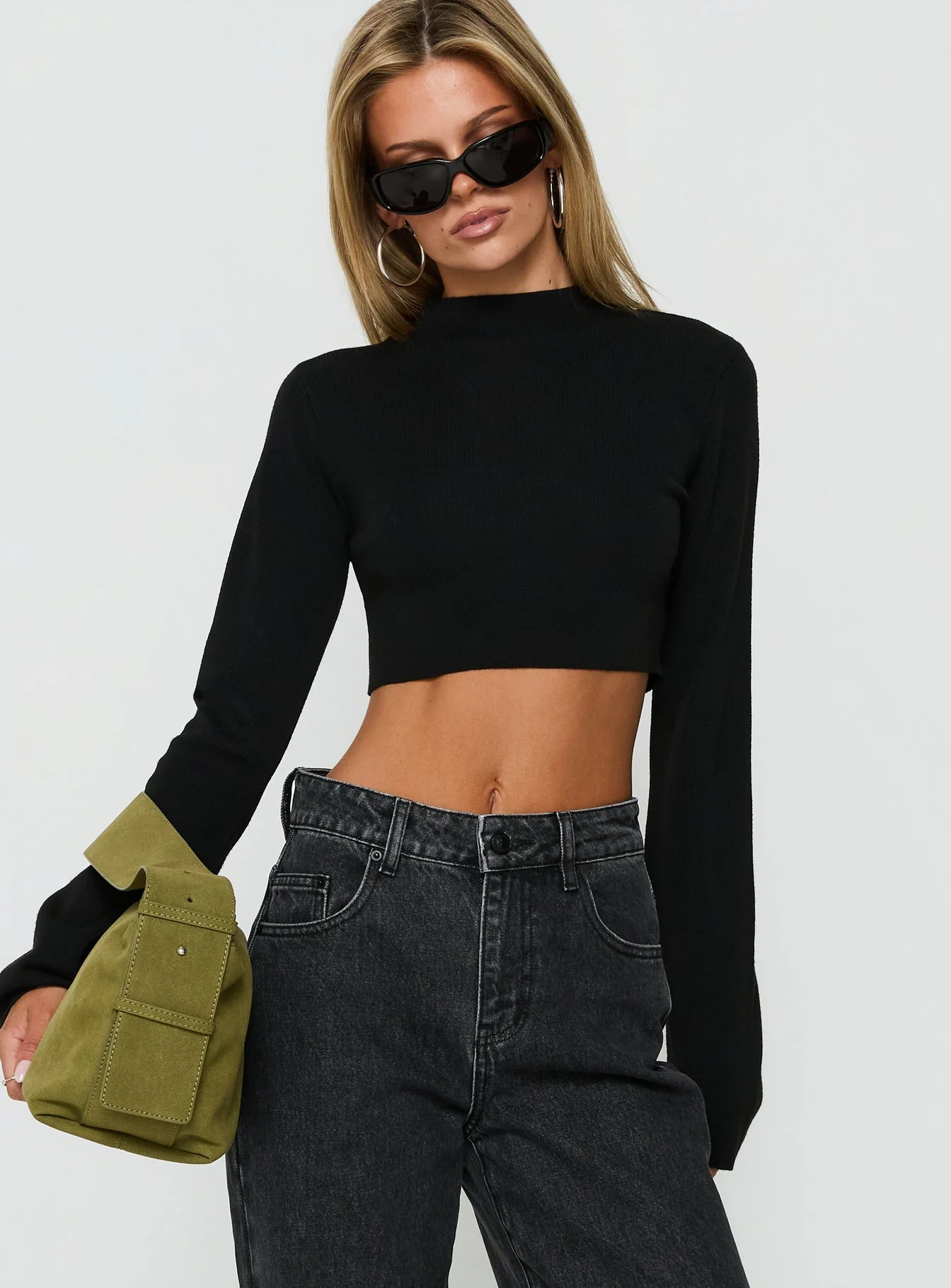 Georgily Funnel Neck Long Sleeve Crop Top Black