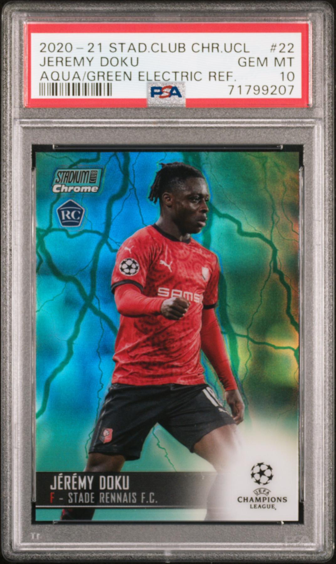 2020 STADIUM CLUB CHROME UEFA CHAMPIONS LEAGUE 22 JEREMY DOKU AQUA/GREEN ELECTRIC REFRACTOR PSA 10 71799207