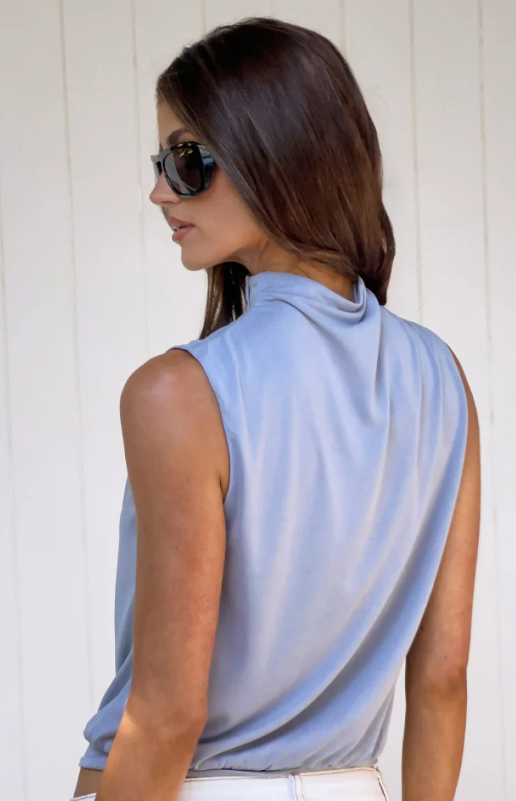 Indie Dusty Blue Keyhole Button Top