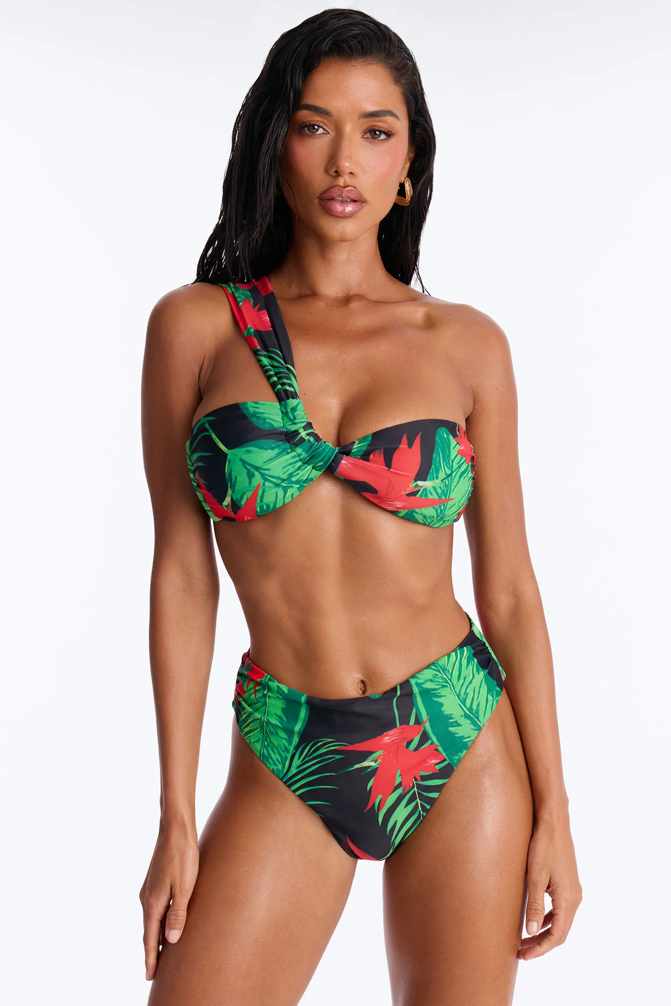 Where The Summer Never Ends Tropical Floral One Shoulder High Waist Maxi 3 Piece Bikini Kimono Set - Green/combo