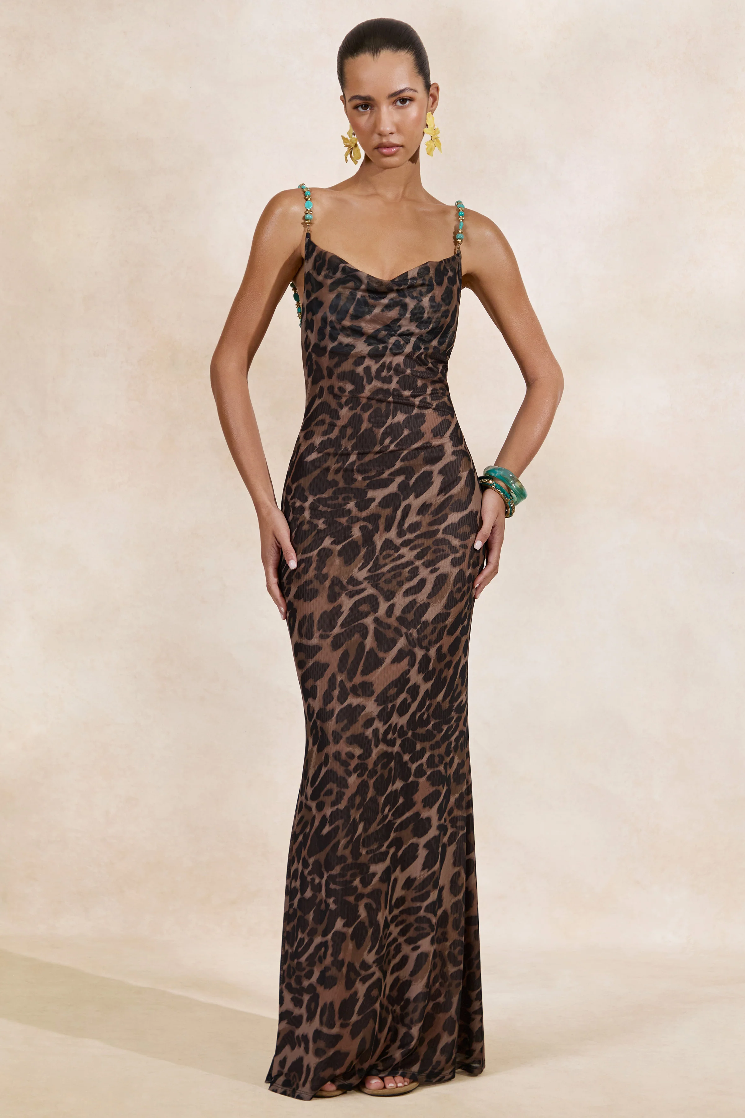 Silvana | Leopard Print Mesh Cowl-Neck Maxi Dress