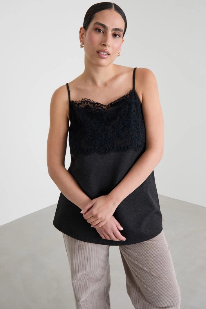 Jersey top with lace - ANTHRACITE