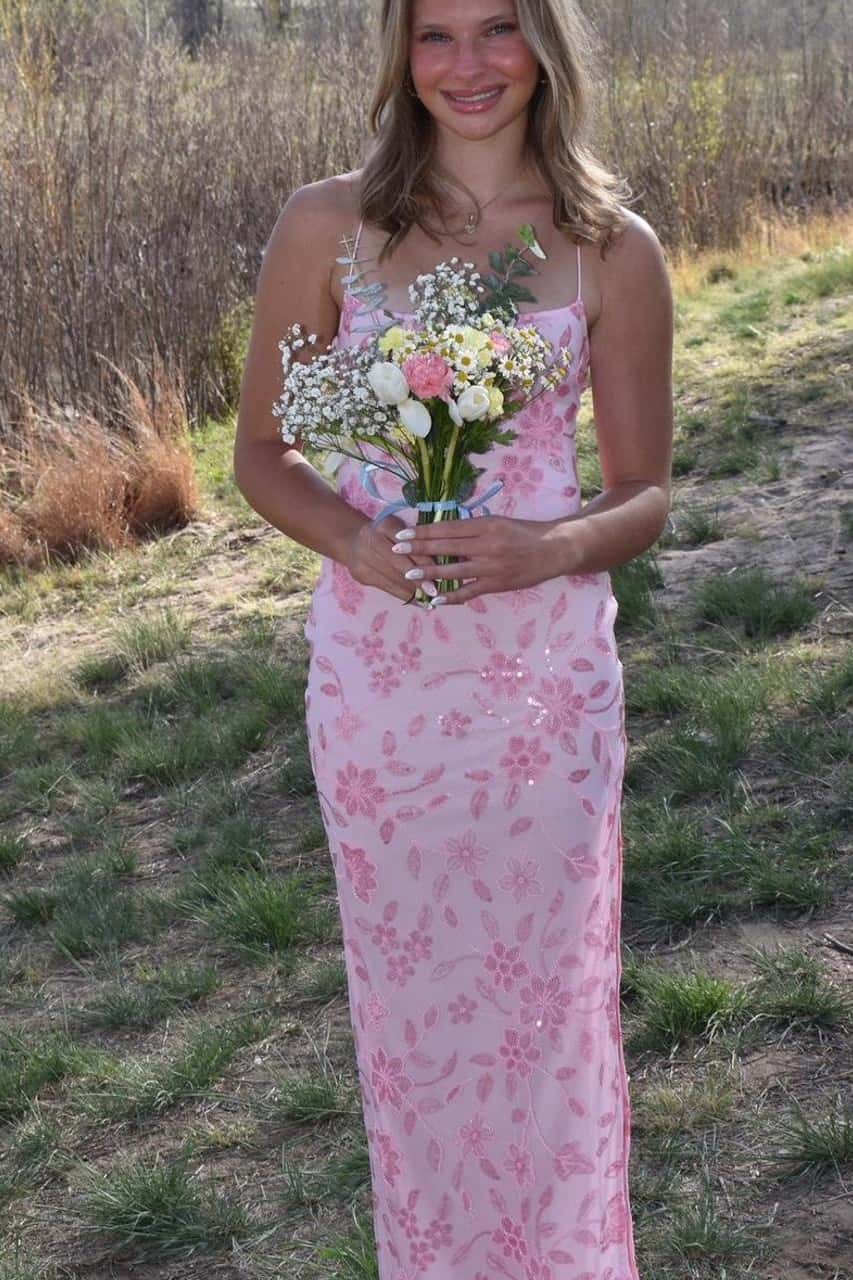 Spaghetti Straps Blue Beaded Long Dress with Slit