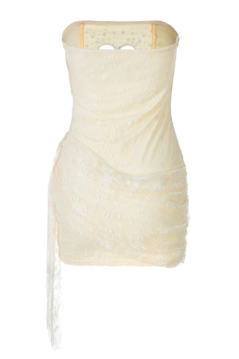 Strapless Yellow Hollow Heart Lace Short Dress