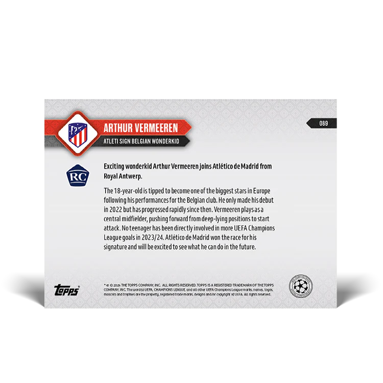 Topps UK - Arthur Vermeeren - Atléti sign Belgian wonderkid - UCL TOPPS NOW® Card #89