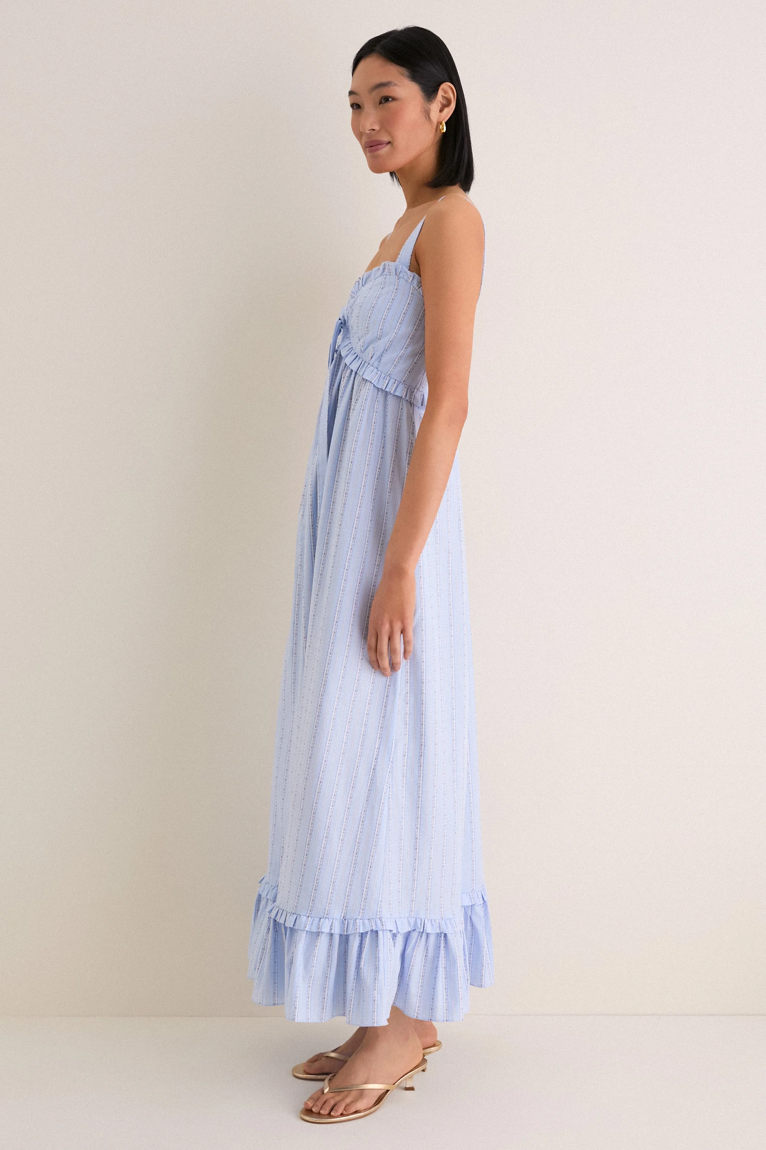 Sky Blue Striped Ruffle Maxi Dress