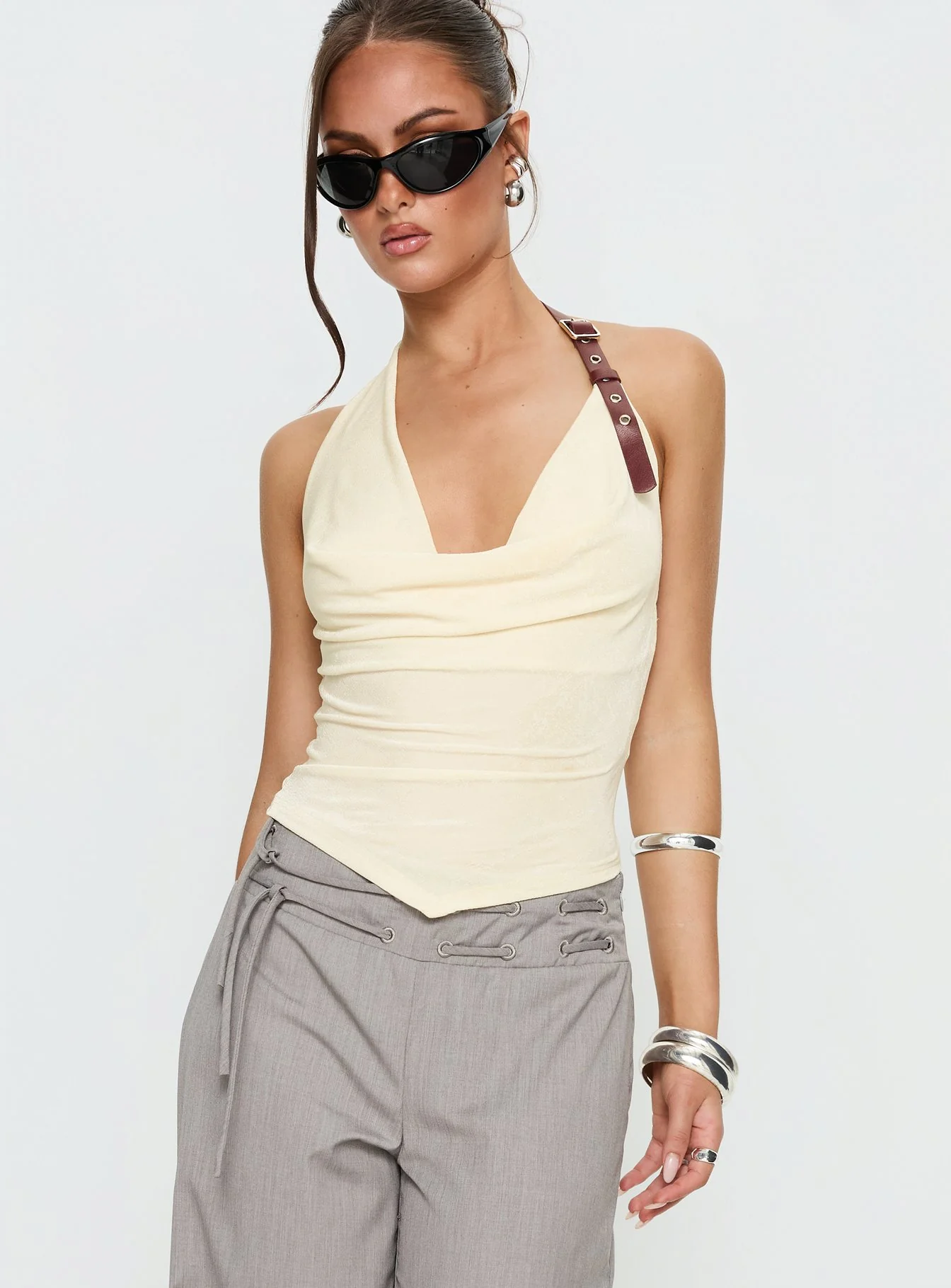 Syrenah Halter Cowl Neck Top Cream