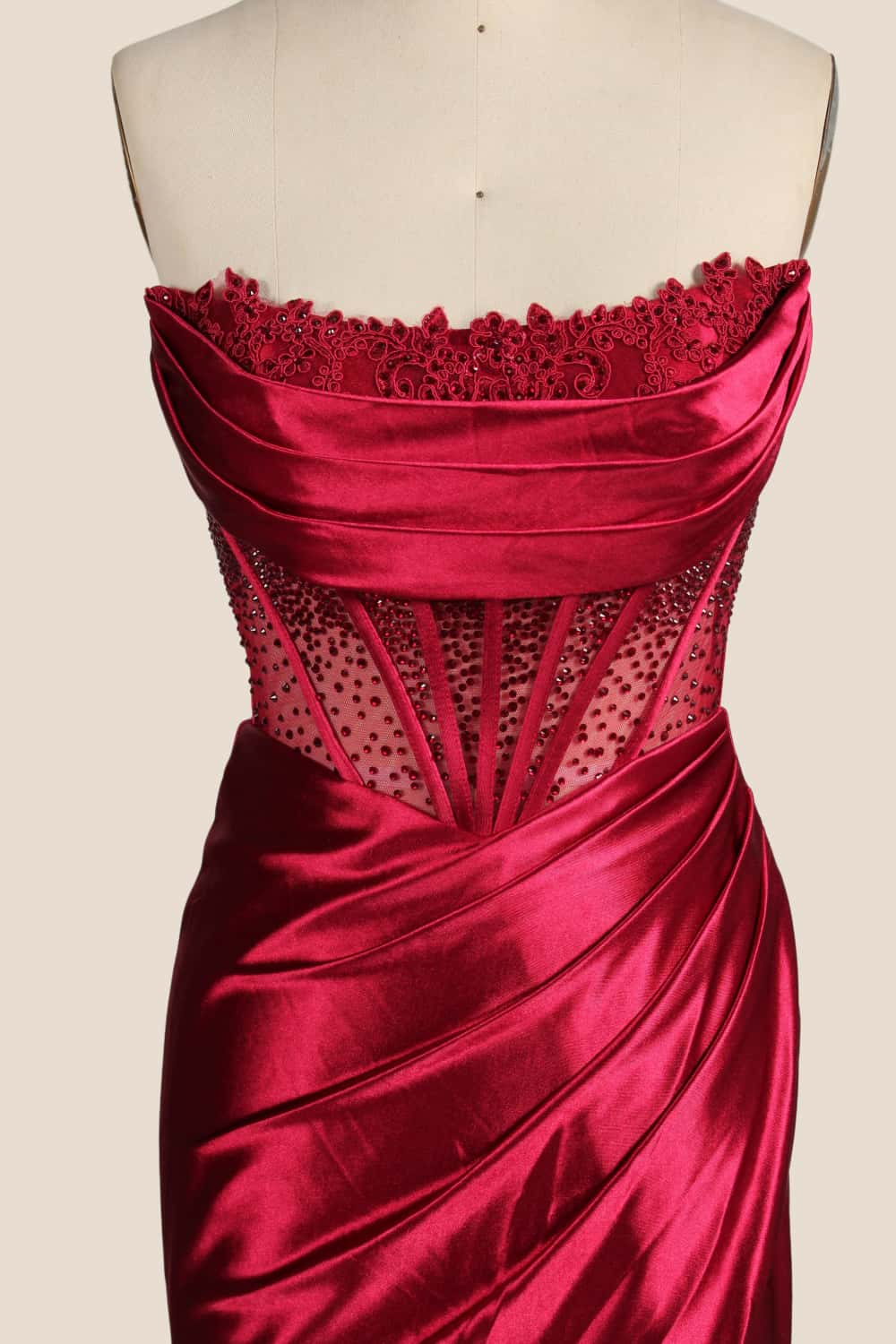 Red Satin Ruched Fitted Slit Formal Dress