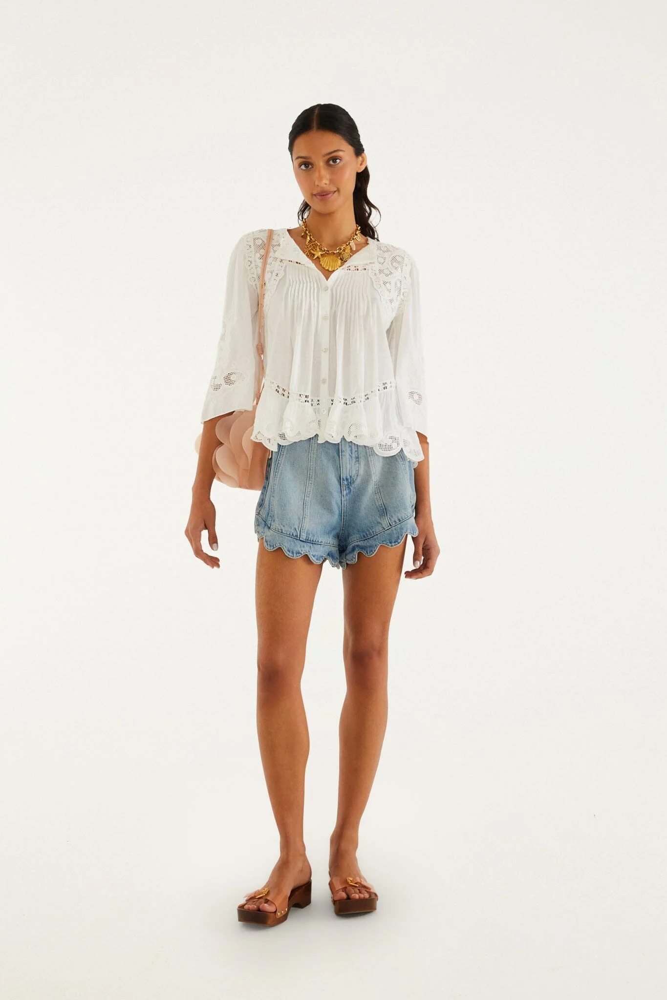 Light Denim Romantic Wavy Hem Shorts