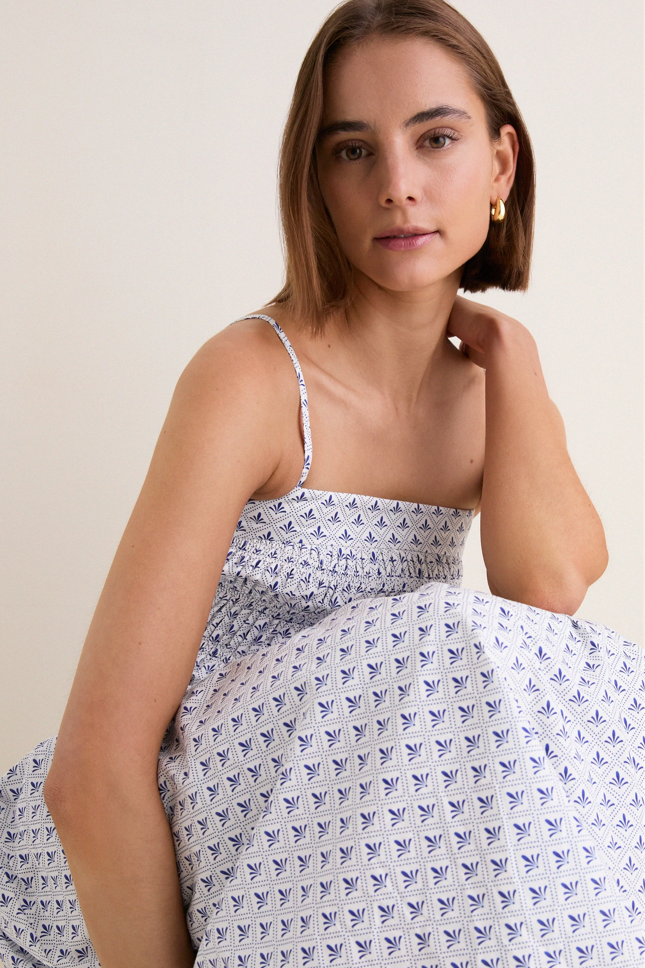 Blue & White Ditsy Tile Smocked Keeley Maxi Dress