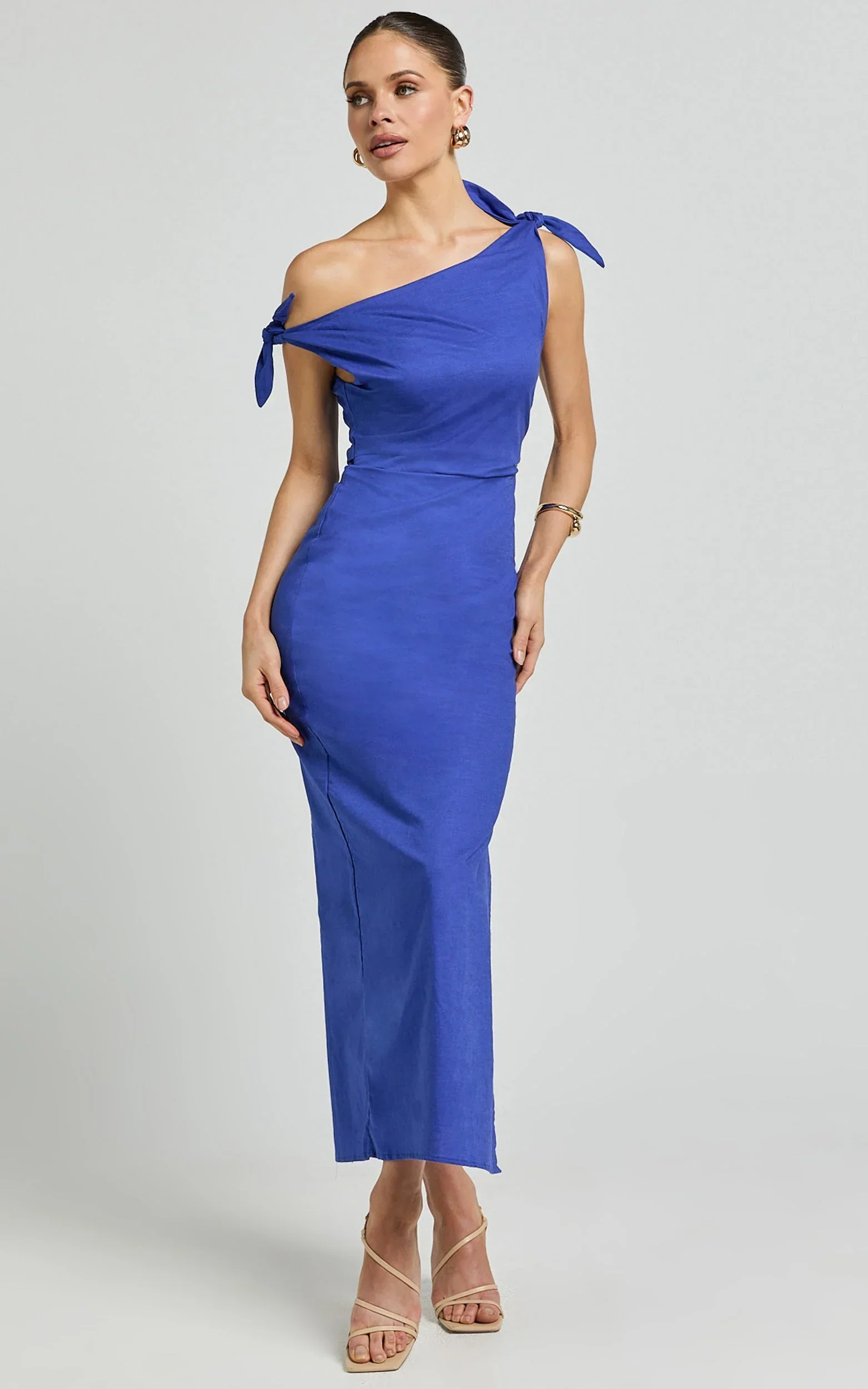 Cincinnati Midi Dress - Off The Shoulder Side Split Column Linen Dress in Cobalt