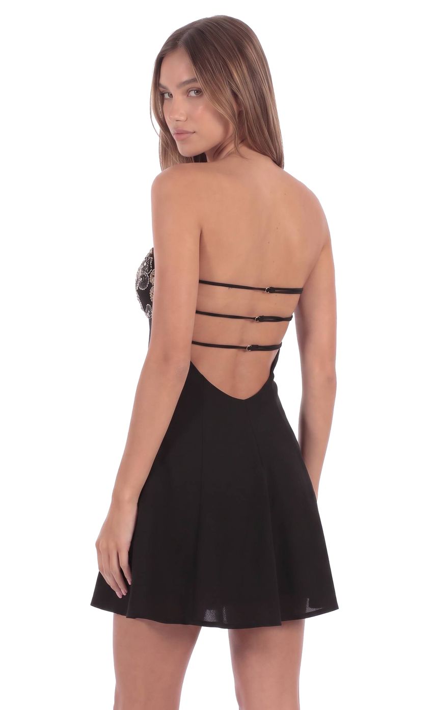 Beaded Bust Flare Mini Dress in Black and Gold