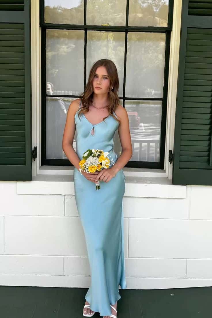 Teal Satin Cutout Fitted Long Dress