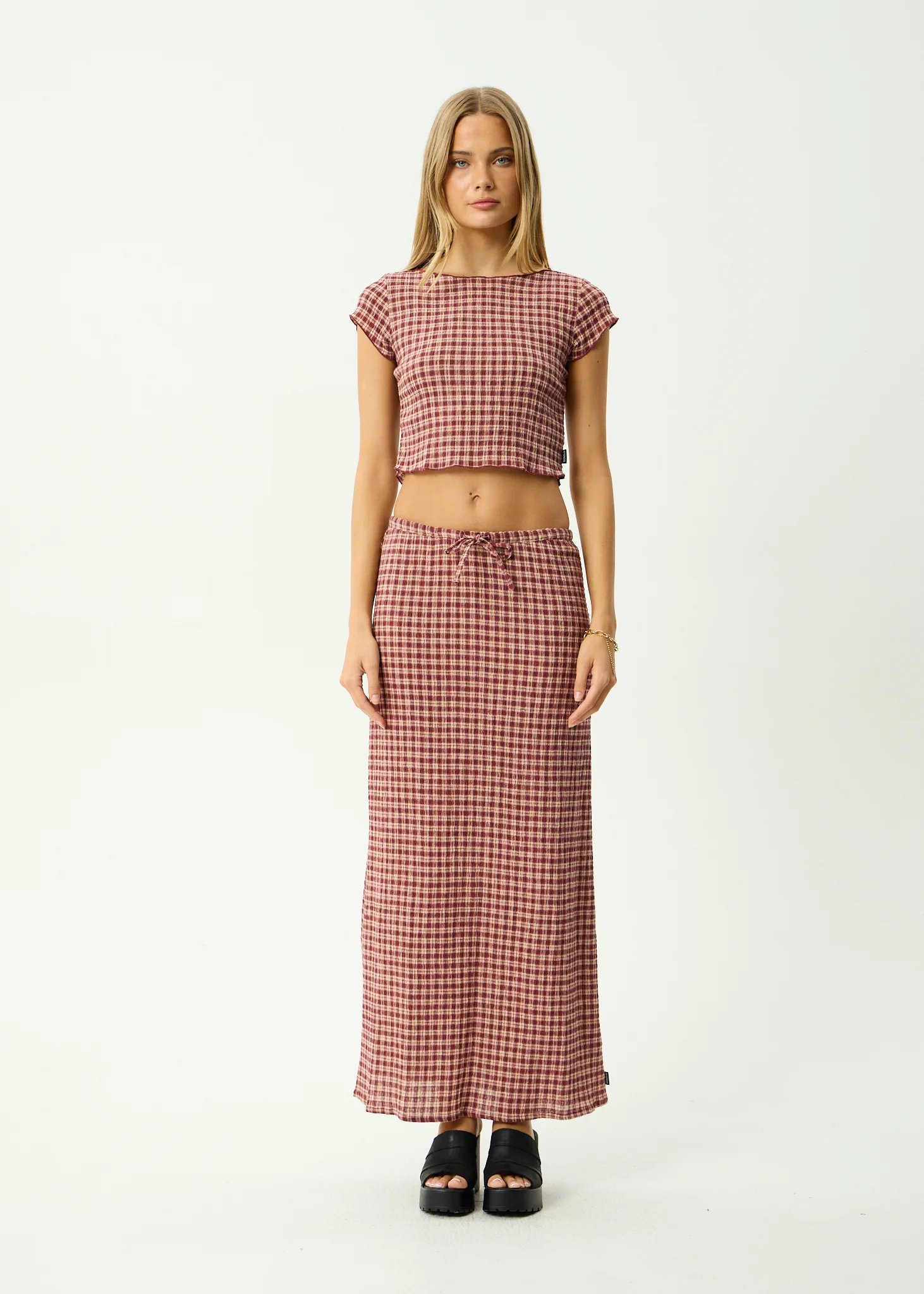 AFENDS Womens Frida - Seersucker Maxi Skirt - Capricorn Burgundy / Beige Check