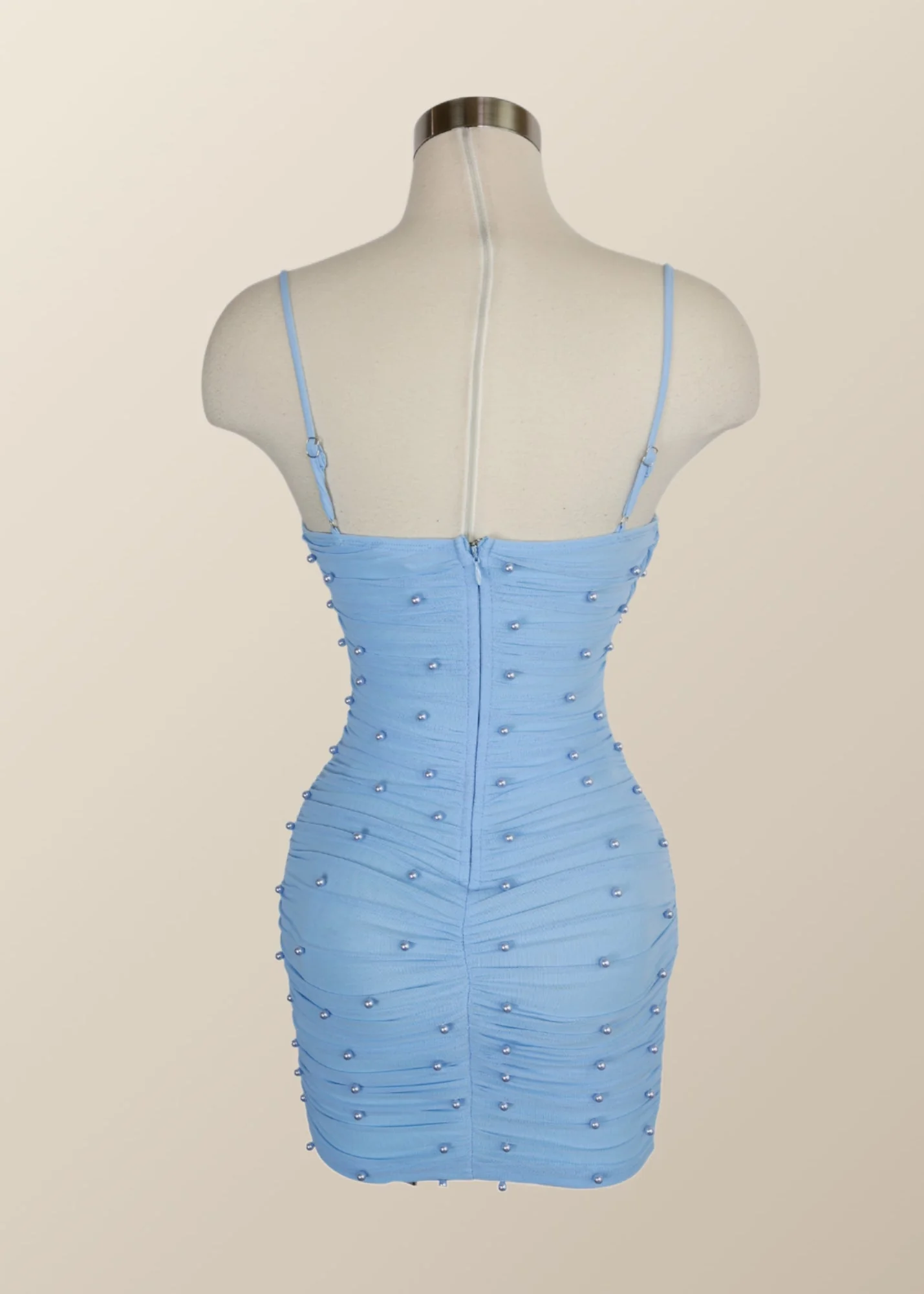 Straps Blue Tight Mini Dress with Pearls