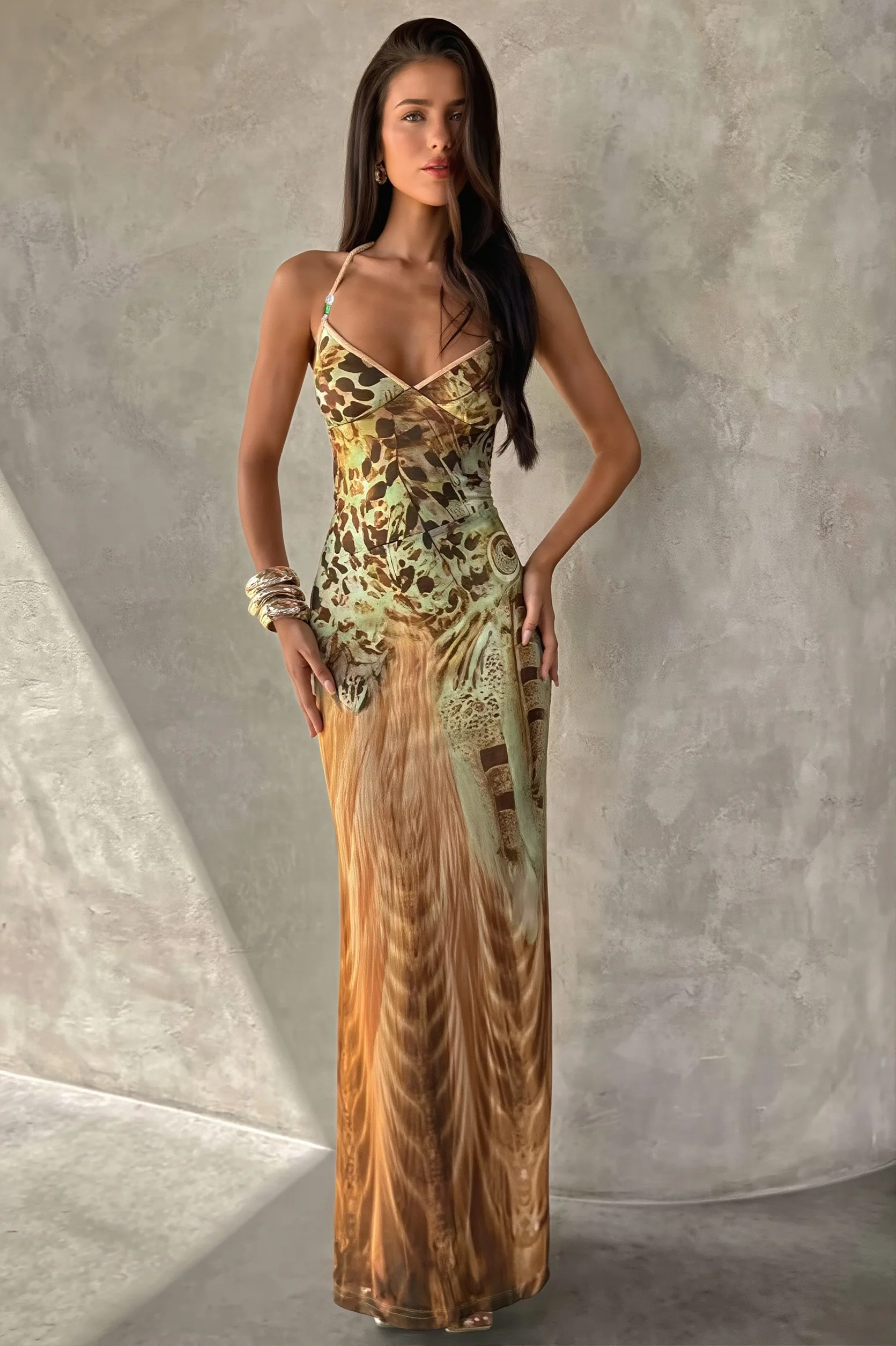 Printed V Neck Cami Slim Bodycon Maxi Dress
