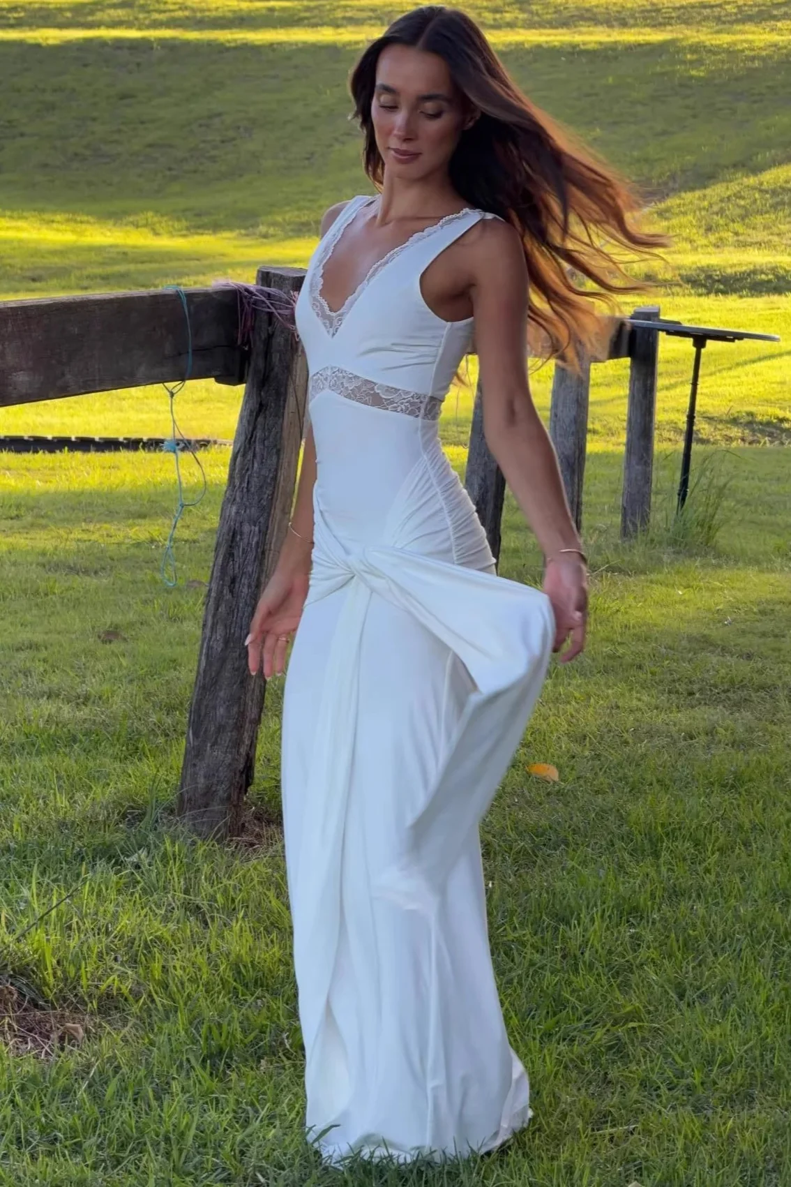 Lace Panel Bodycon With Tie Straps Maxi Dress