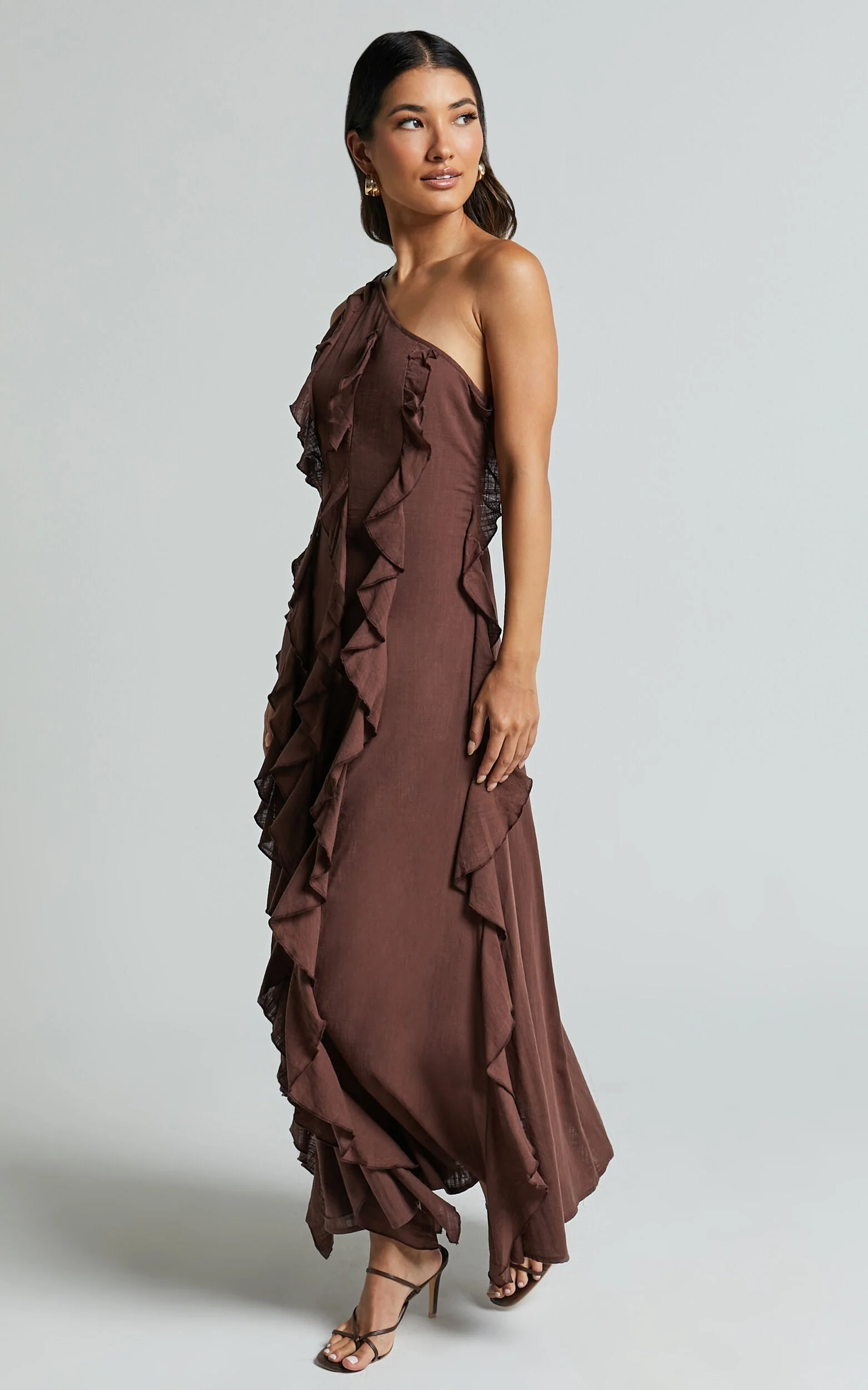 Britney Maxi Linen Dress - One Shoulder Ruffle Detail Dress in Chocolate