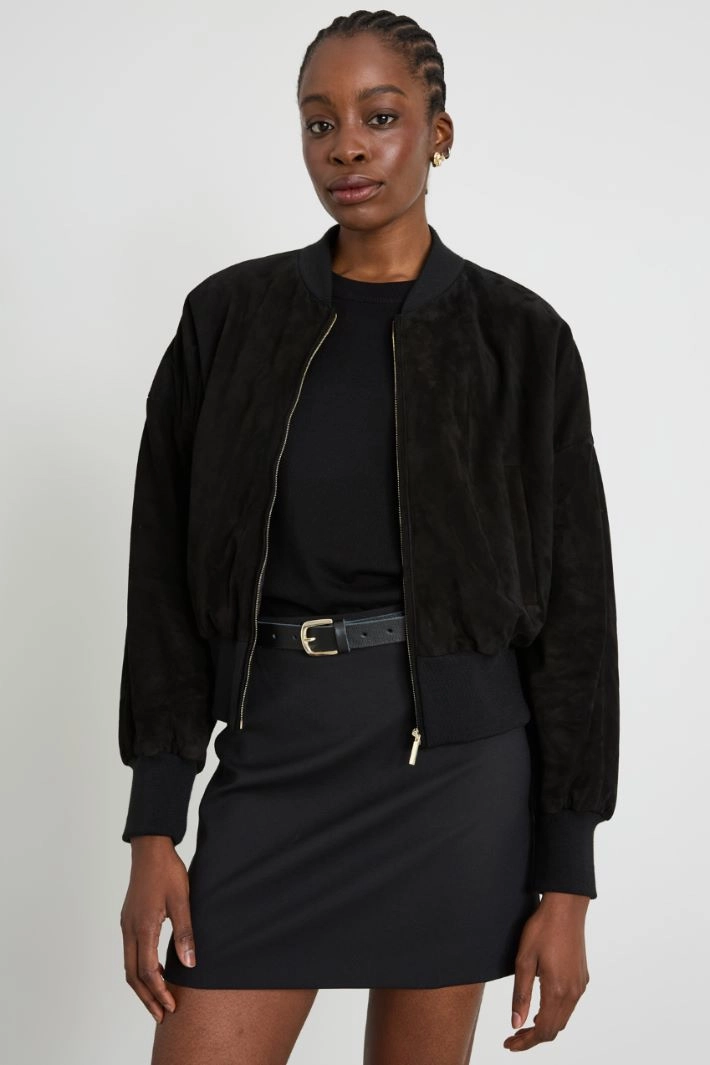 Suede cropped bomber jacket - BLACK