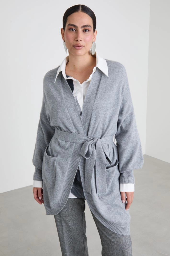 Cashmere cardigan with belt - GREY