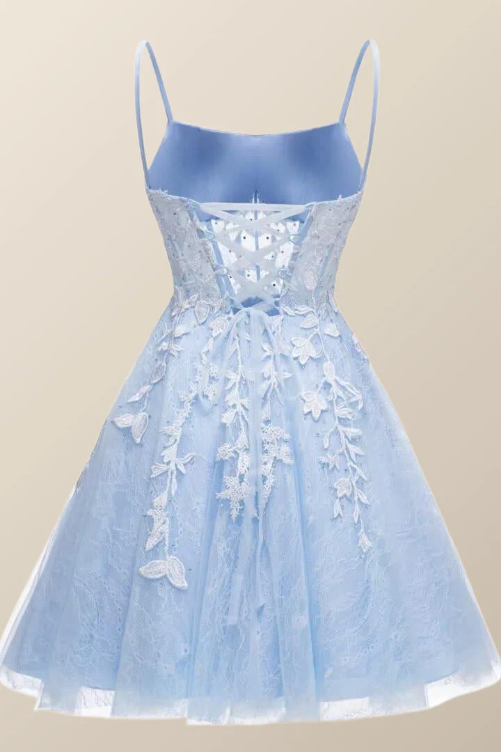 Straps Sky Blue Appliques Short Homecoming Dress