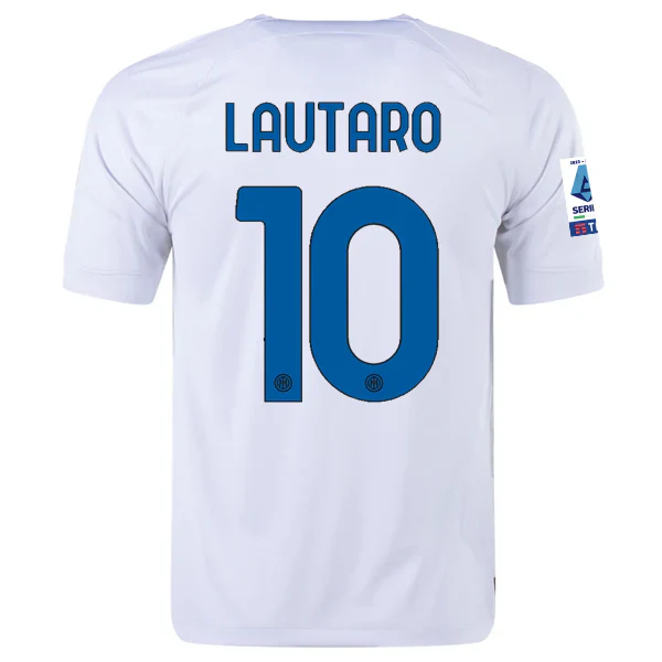 Inter Milan Lautaro Martinez Away Jersey w/ Series A + Copa Italia Patches 23/24 (White/Lyon Blue)