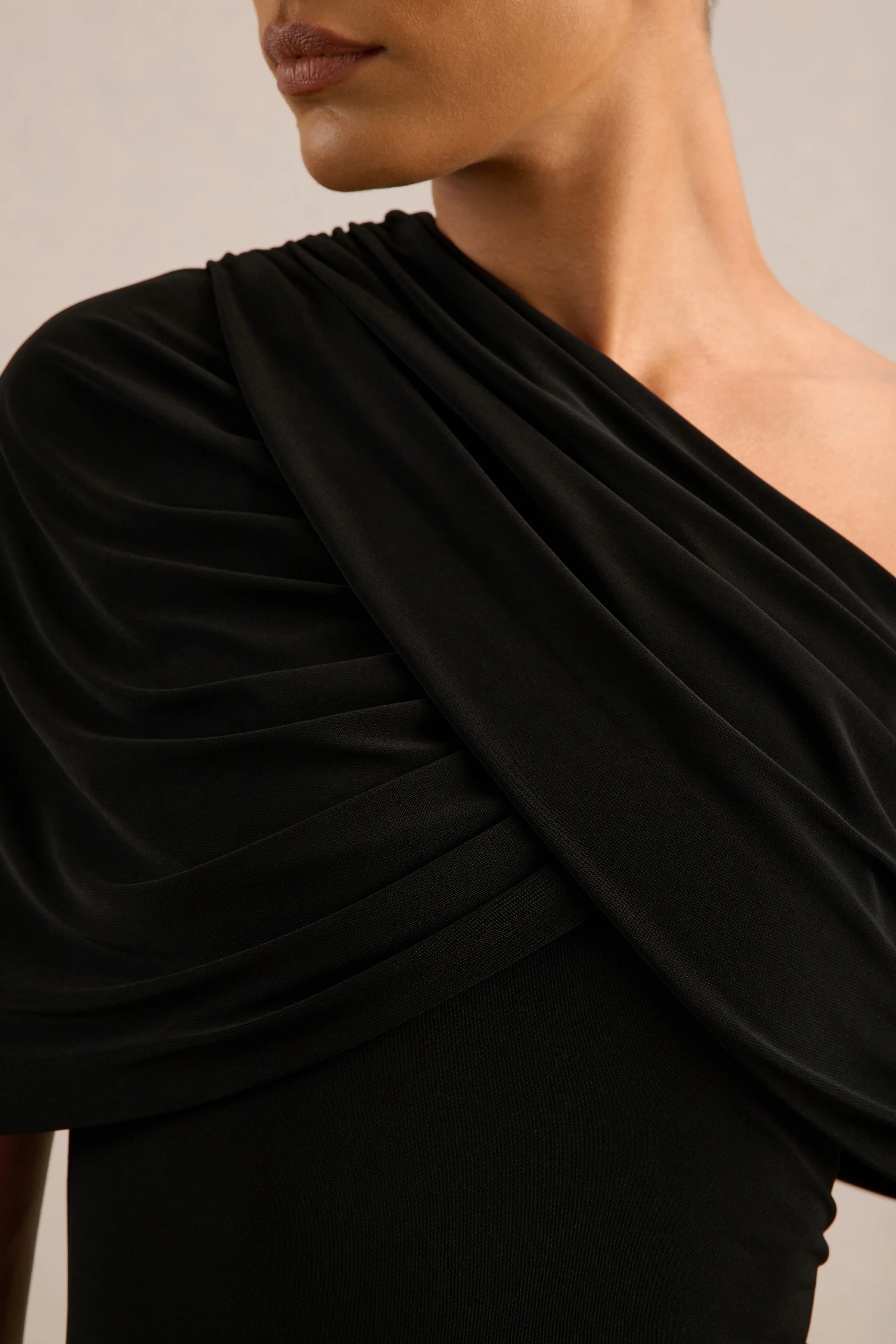 Solenne | Black Jersey One Shoulder Short Sleeve Maxi Dress With Ruching
