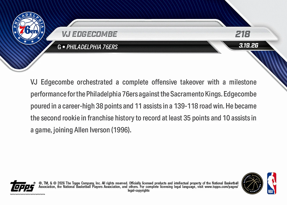 VJ Edgecombe - 2025-26 NBA Topps NOW® - Card 218 - PR: 2100