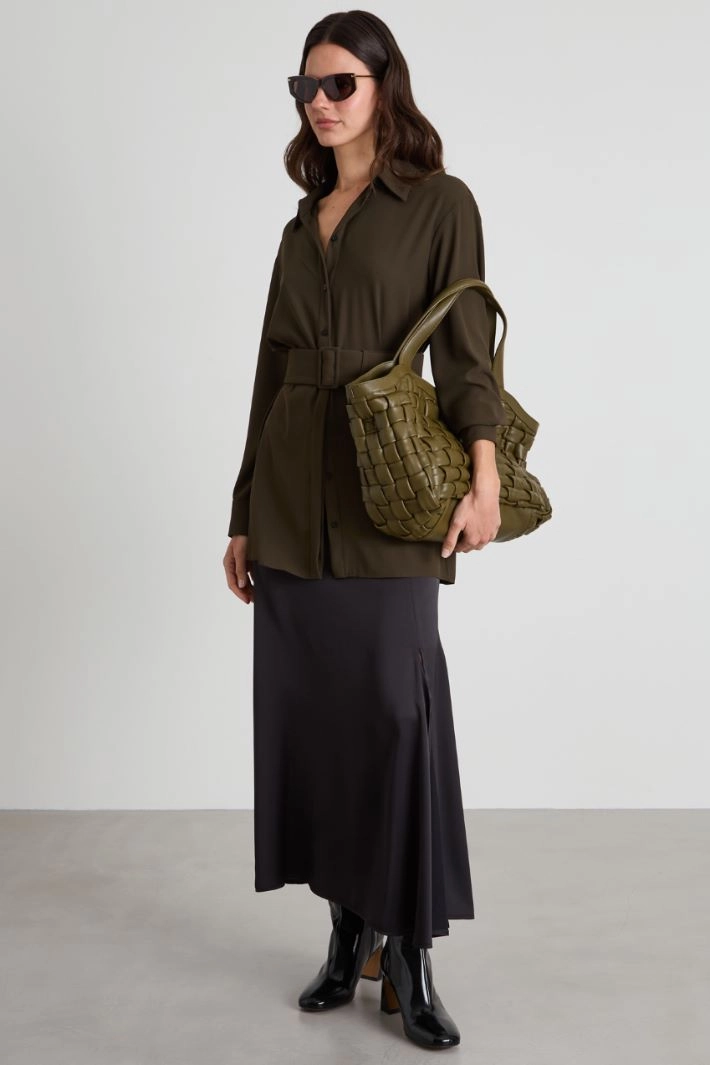 Satin midi skirt with slit - BLACK