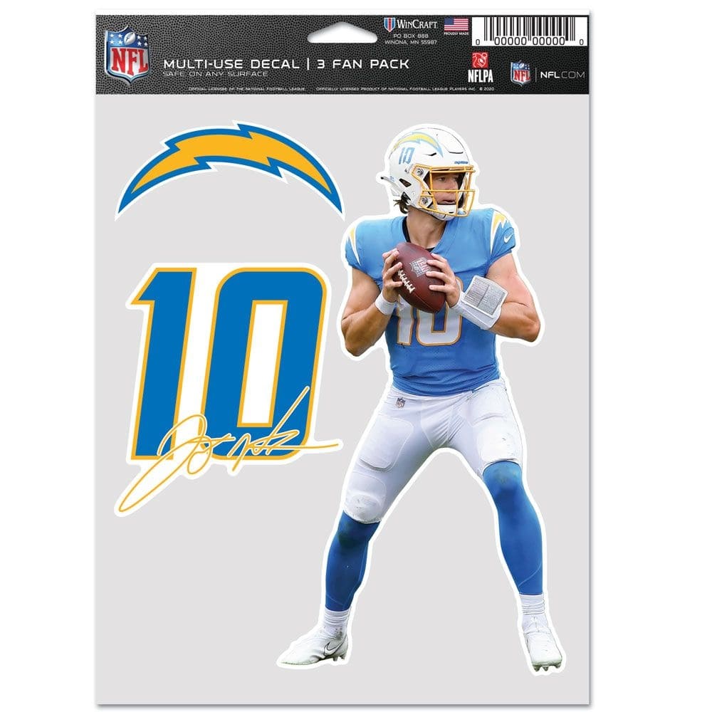 Justin Herbert #10 Los Angeles Chargers Player NFL Decals Set (3 Pcs.)