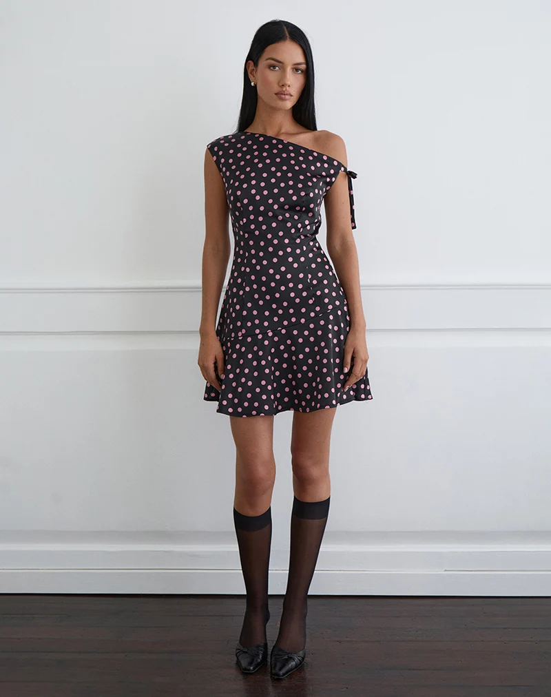 Maribel Mini Dress in Black Satin Scattered with Pink Polka