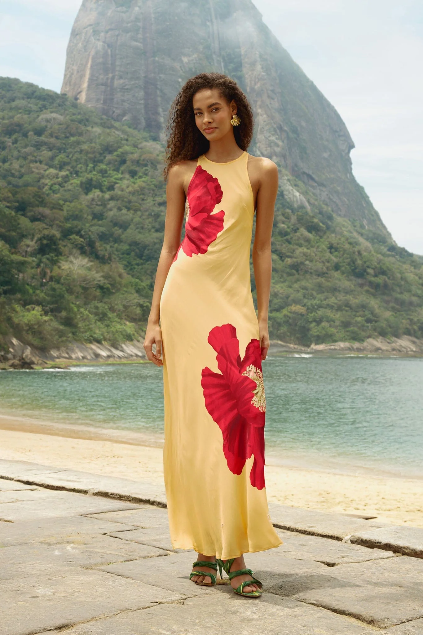 Light Yellow Poppy Flowers Sleeveless  Maxi Dress