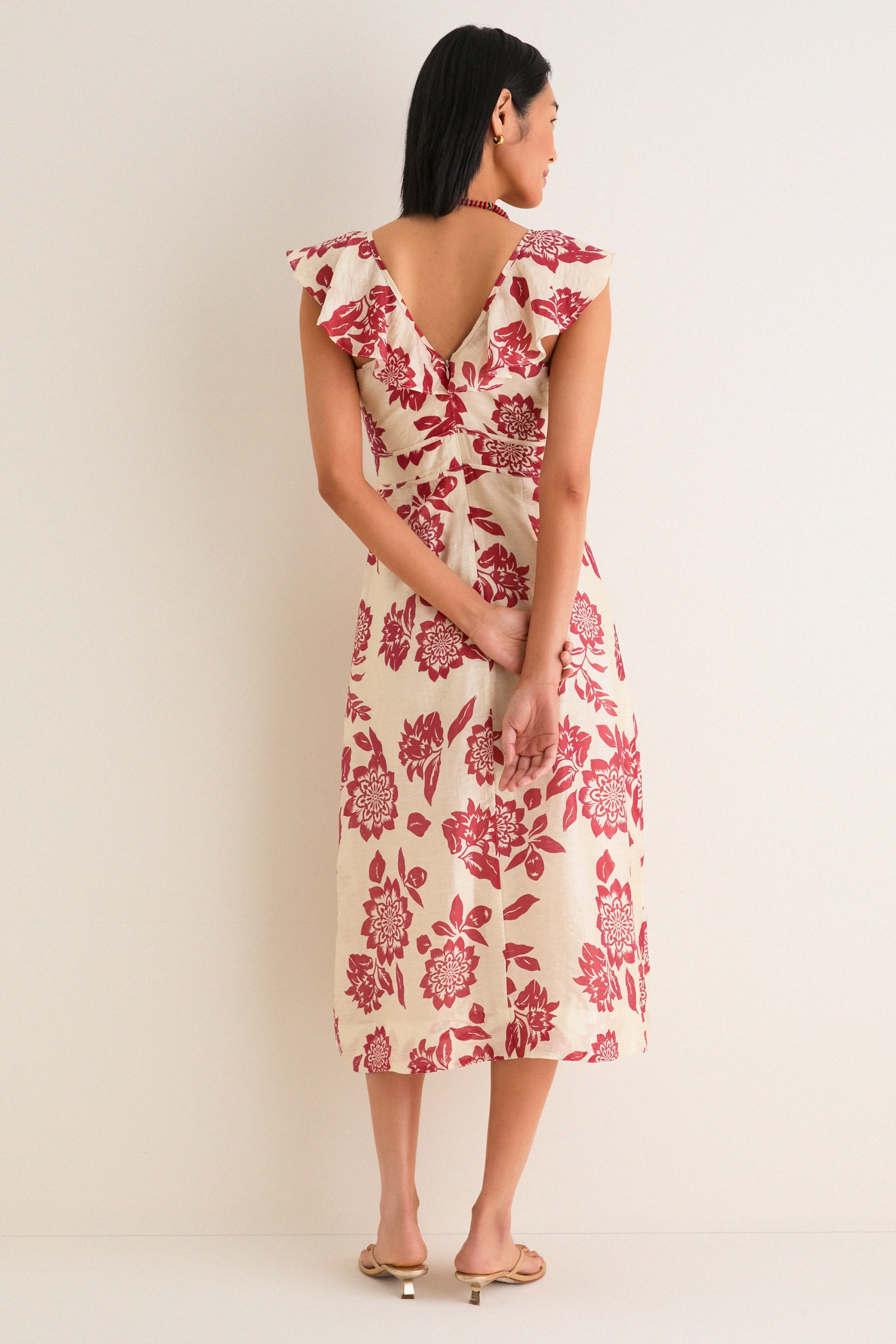 Cream and Red Jacqueline Flutter Sleeve Midi Dress