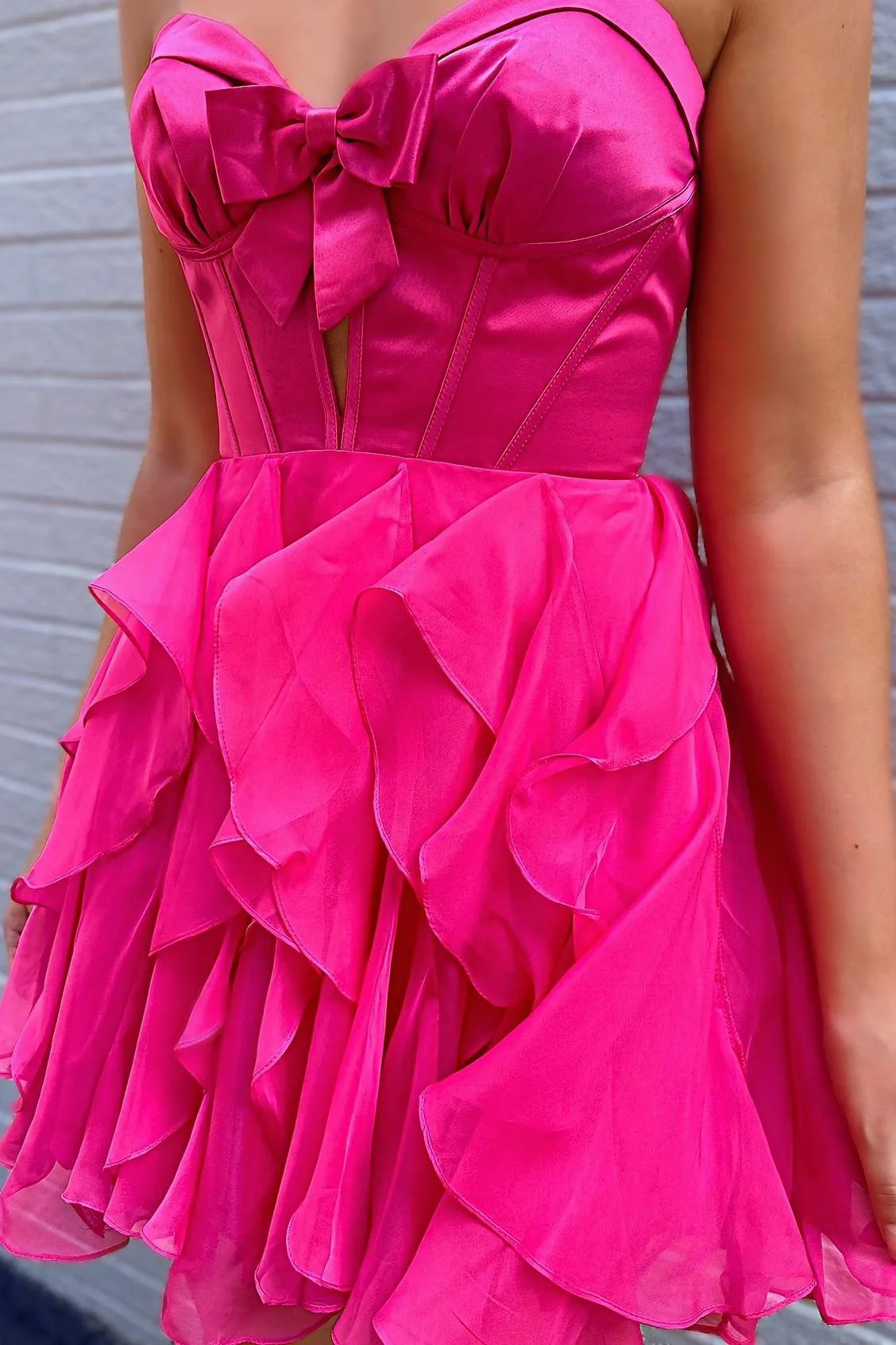 Fuchsia Sweetheart A-line Short Chiffon Ruffle Dress