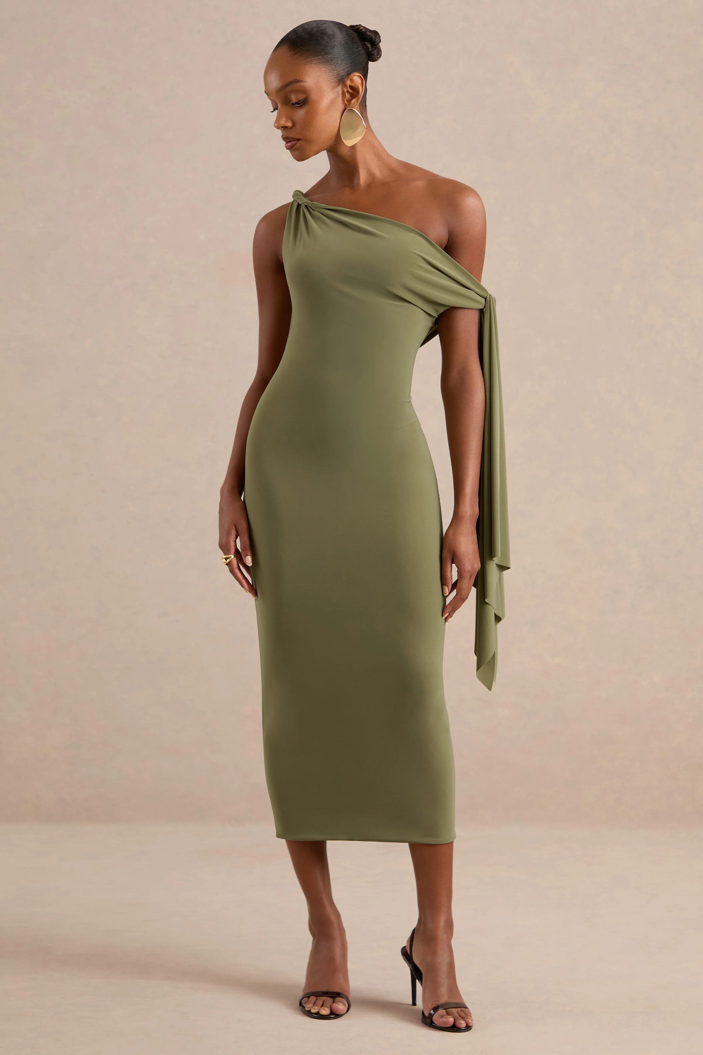 Arcelia | Olive Jersey One Shoulder Midi Dress With Twist And Knot Sash Detailing