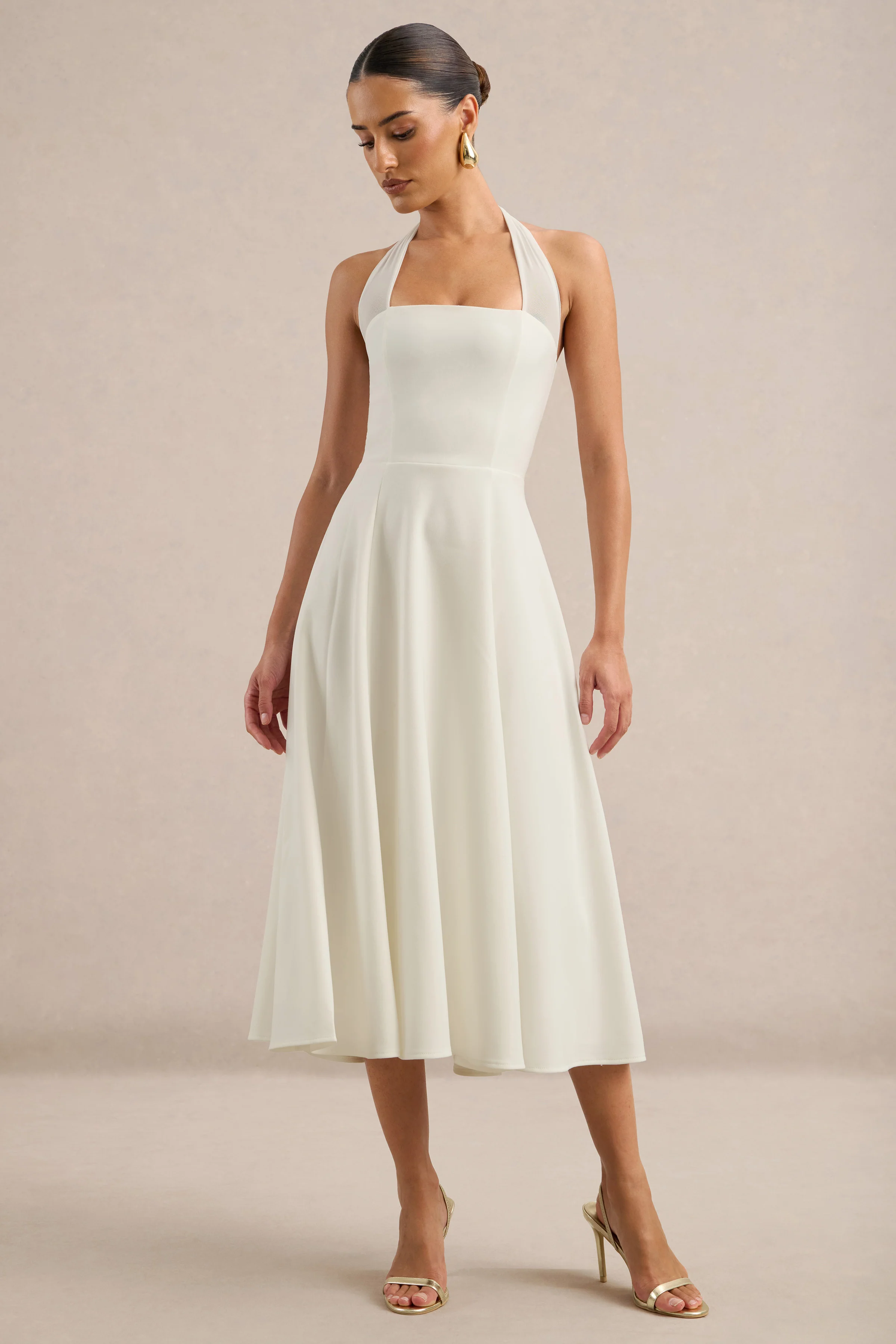 Auburn | White Halter A-Line Midi Dress With Mesh Tie Back Detailing