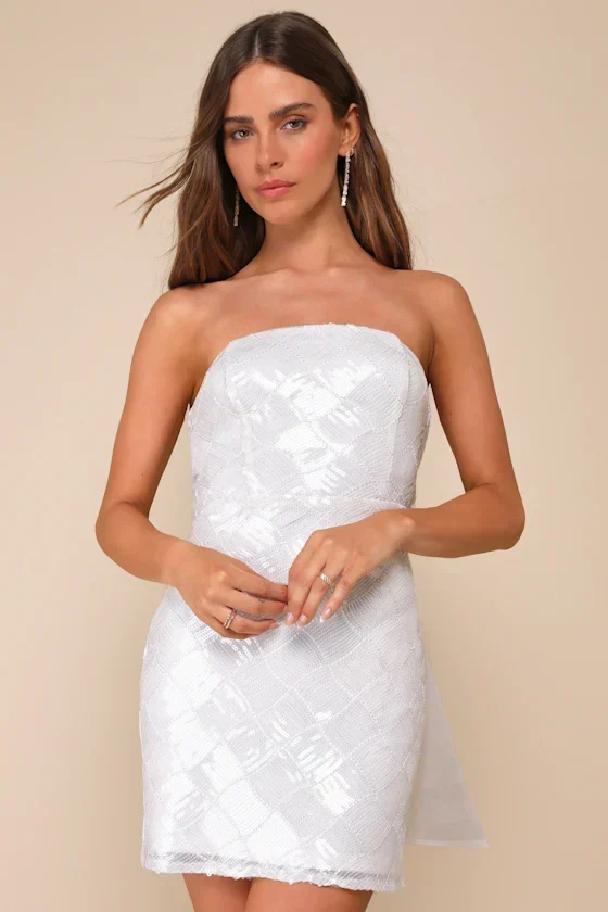 Exquisite Glamour White Mesh Sequin Strapless Bow Mini Dress