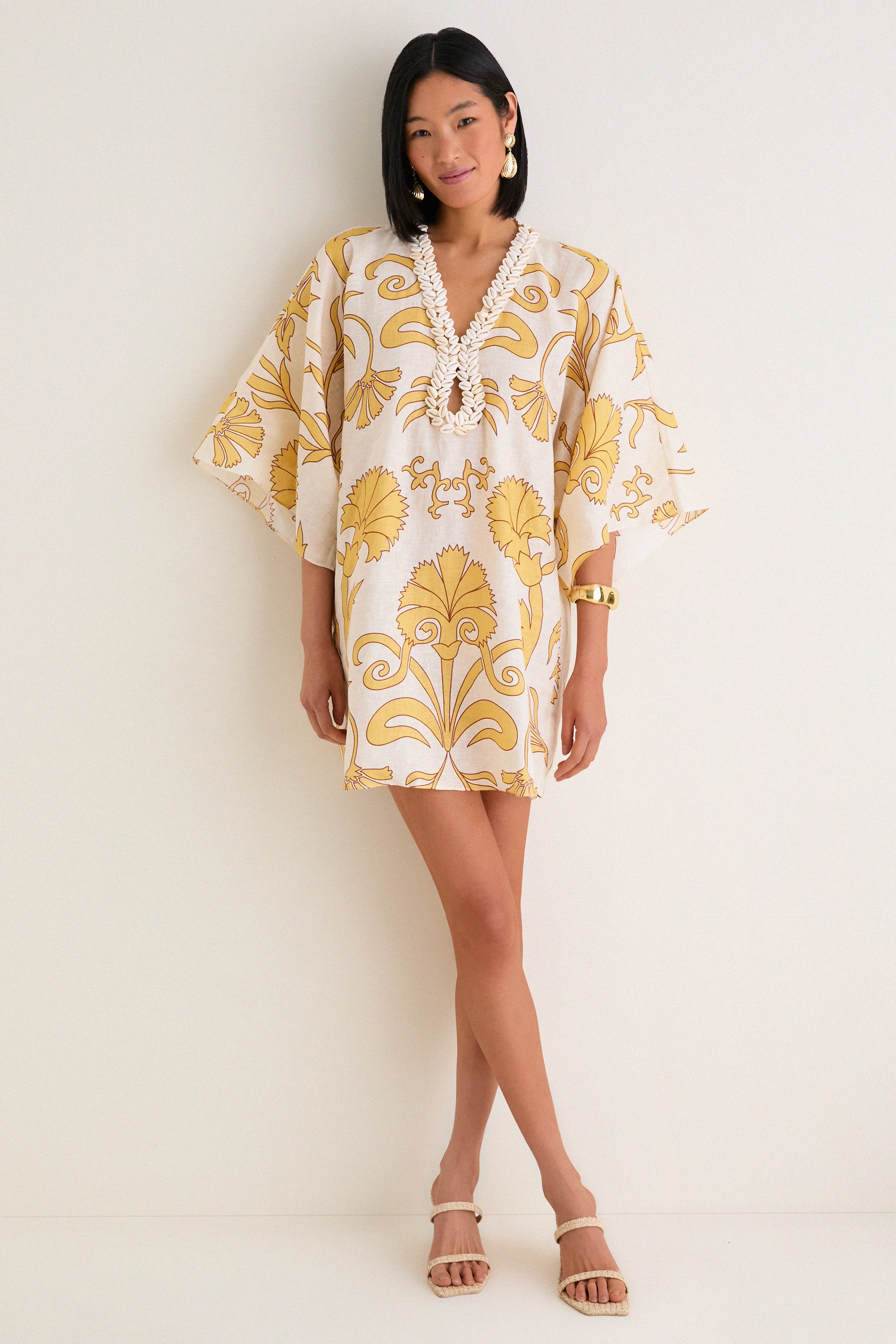 Yellow Flowers Andina Hand-Embroidered Linen Mini Tunic