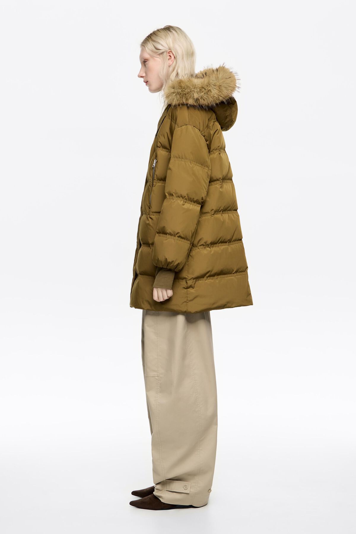 Midi length dark khaki fur hooded down jacket