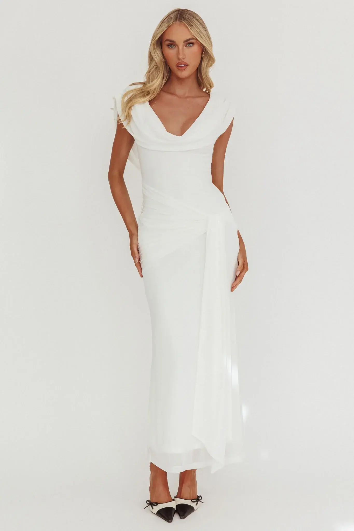 Virgo Season Draped Shoulder Maxi Dress White