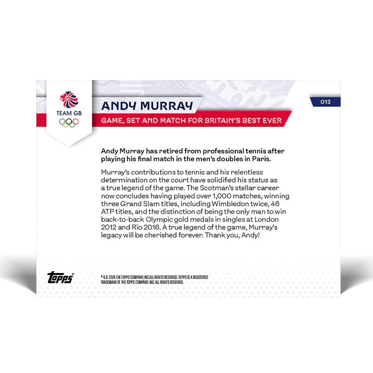Andy Murray - Game, set and match for Britain's best ever - 2024 Team GB TOPPS NOW® Card 13