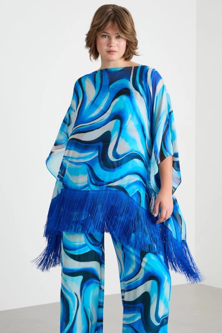 Fringed georgette poncho - BLUE