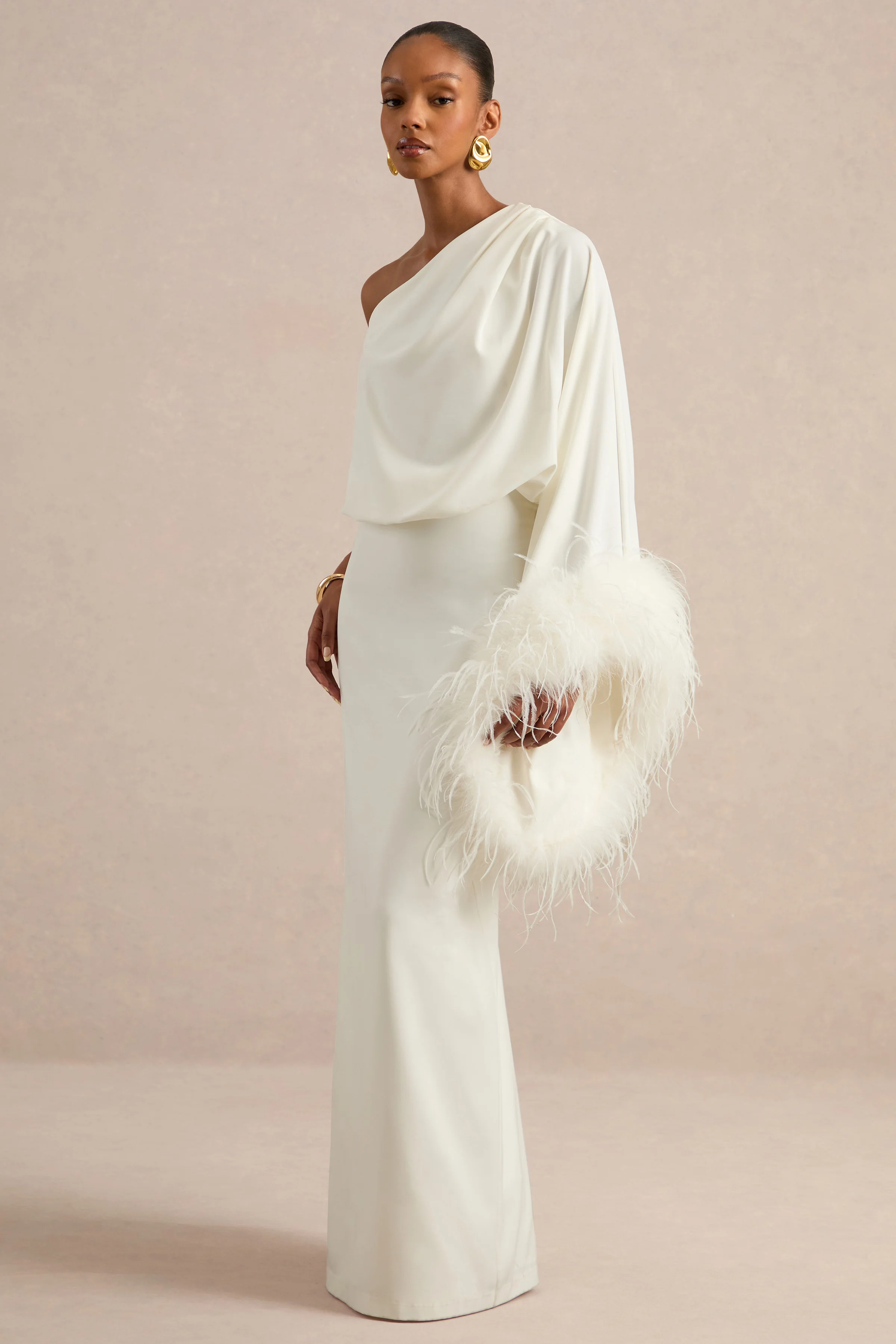 Felicity | White Satin Asymmetric-Neck Maxi Dress With Feather Detailing