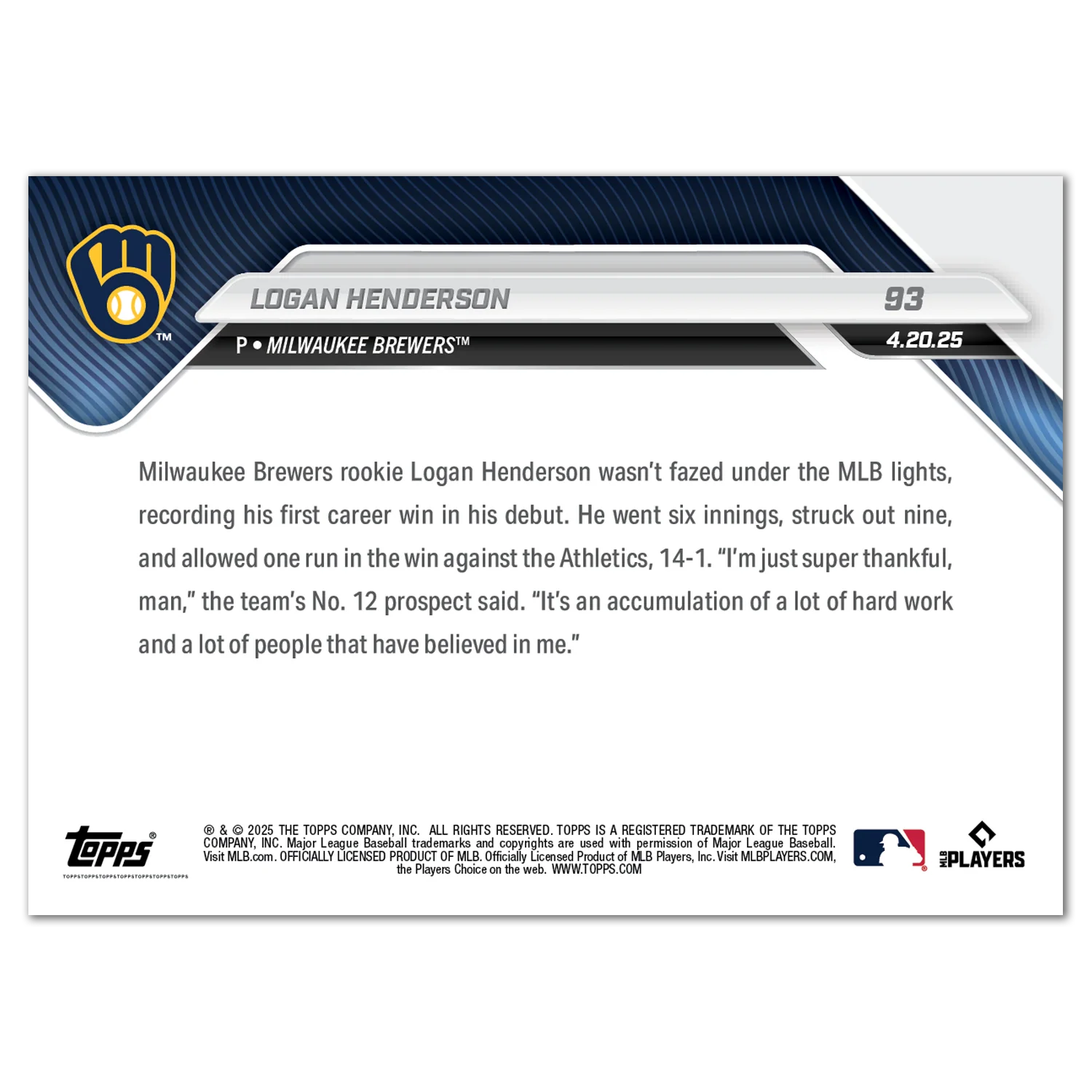 Logan Henderson - 2025 MLB Topps NOW® - Card 93