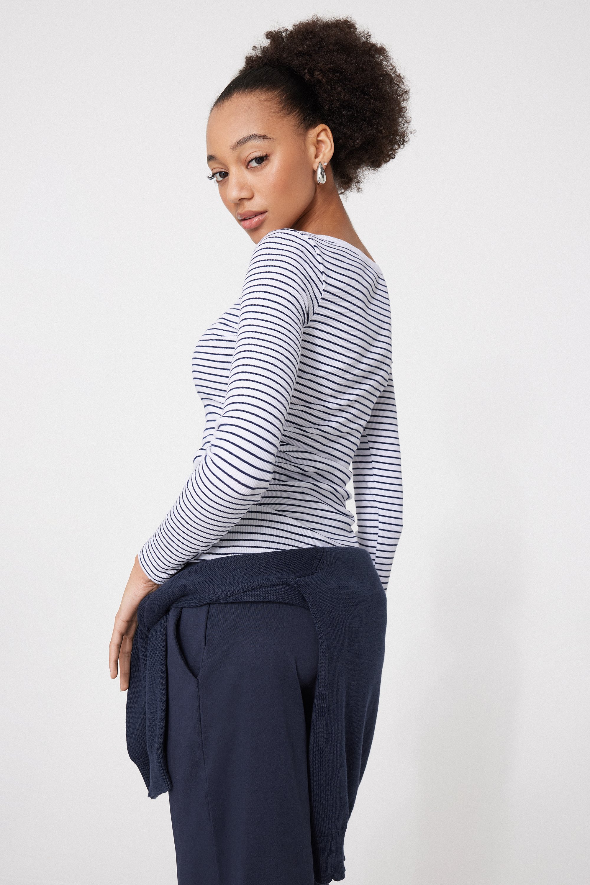 Ribbed Cotton Top with Boat Neck and Stripes